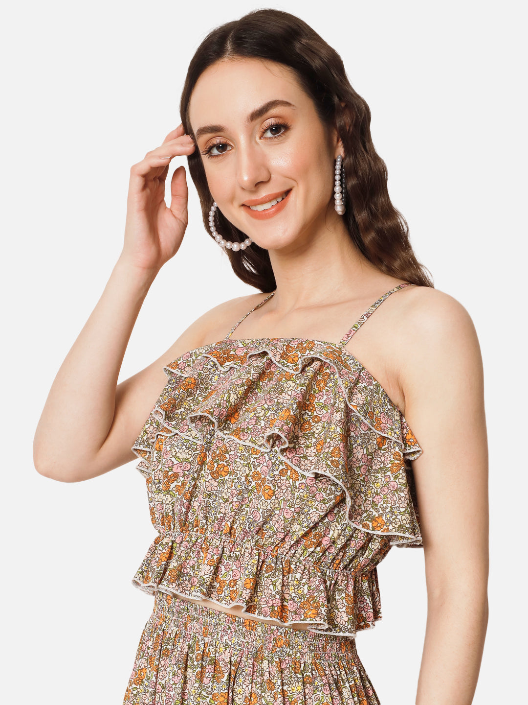 Beige Floral Spaghetti Neck Crop Top for Women