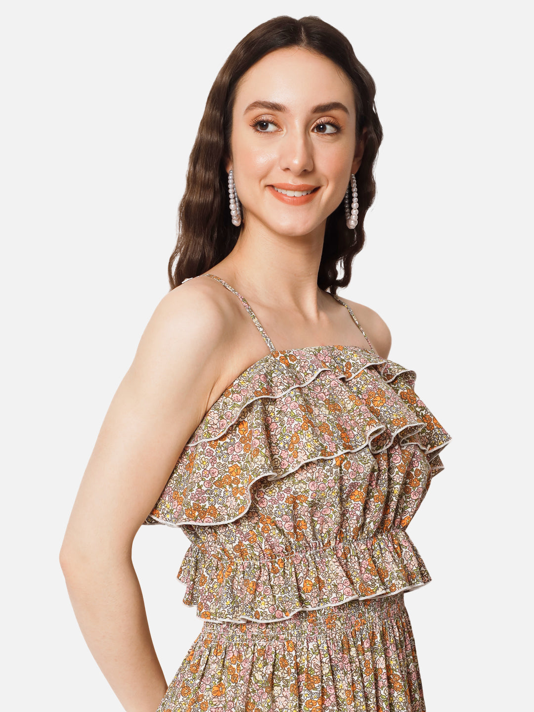 Beige Floral Spaghetti Neck Crop Top for Women