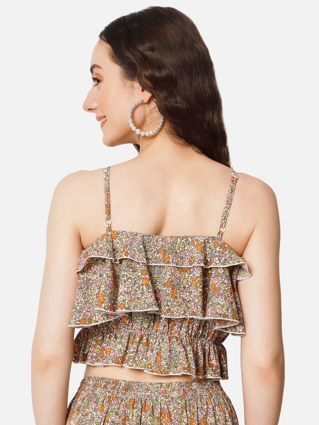 Beige Floral Spaghetti Neck Crop Top for Women