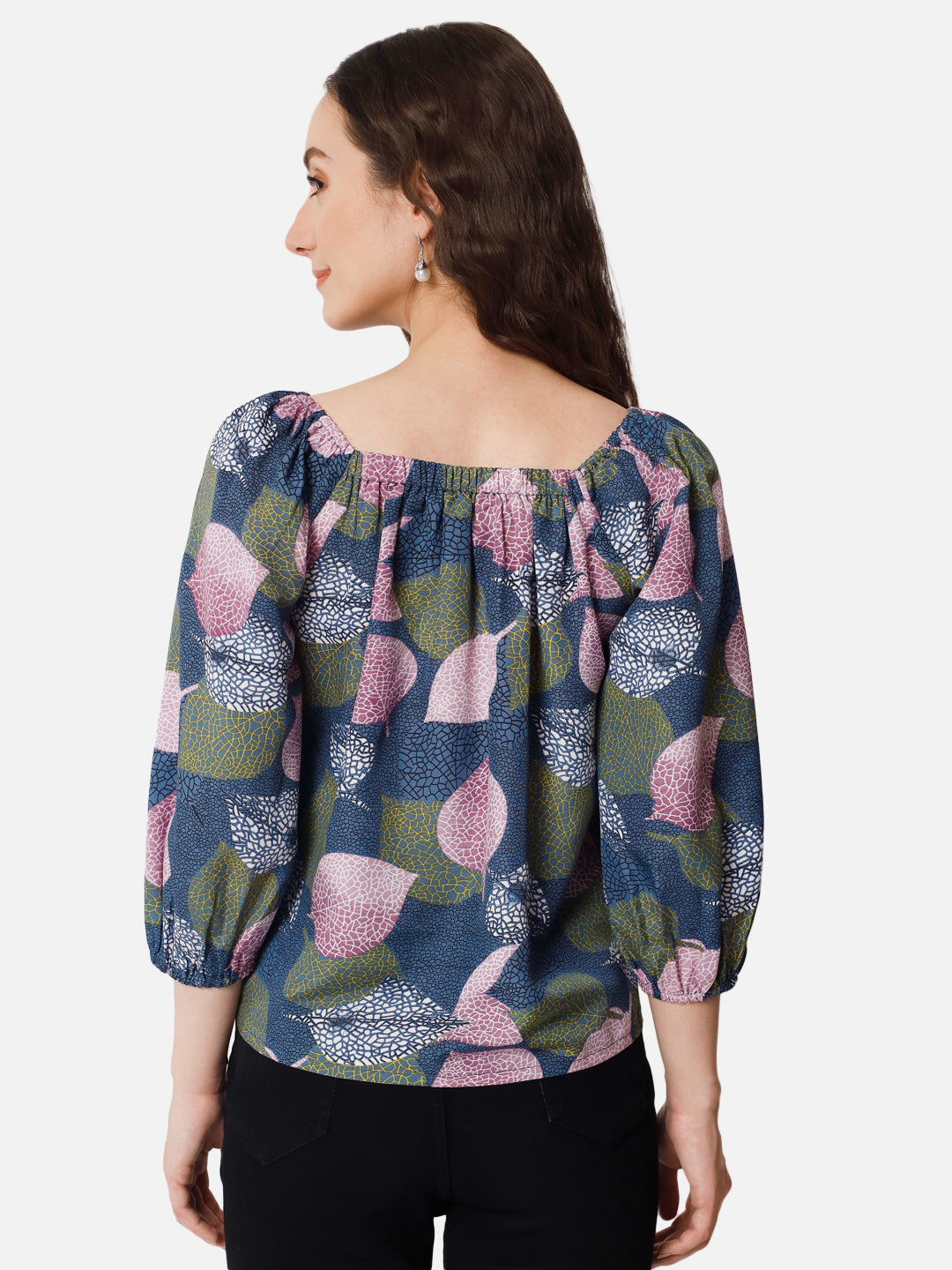 Multicolor Leaf Printed Square Neck Top for Women