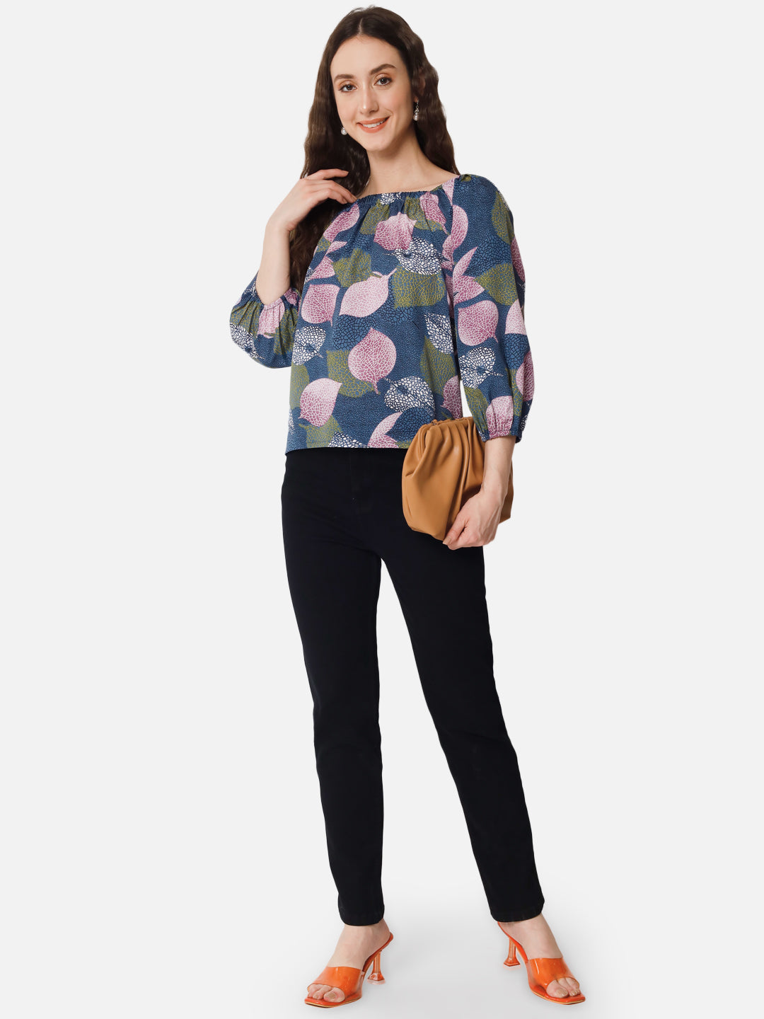 Multicolor Leaf Printed Square Neck Top for Women