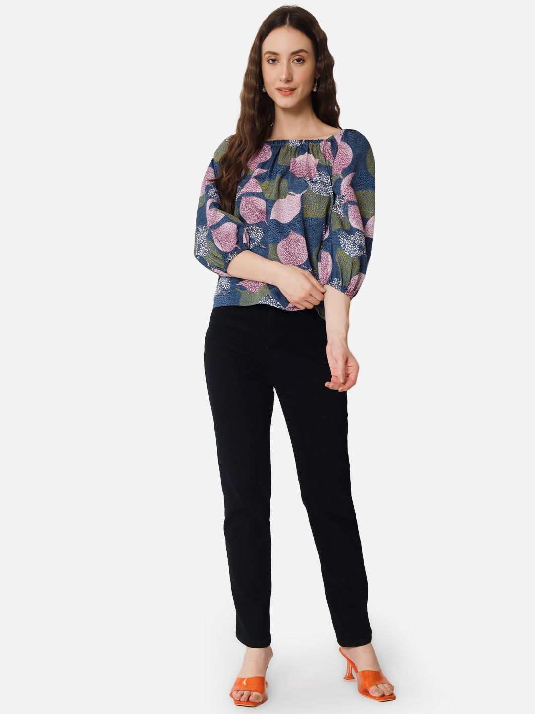 Multicolor Leaf Printed Square Neck Top for Women