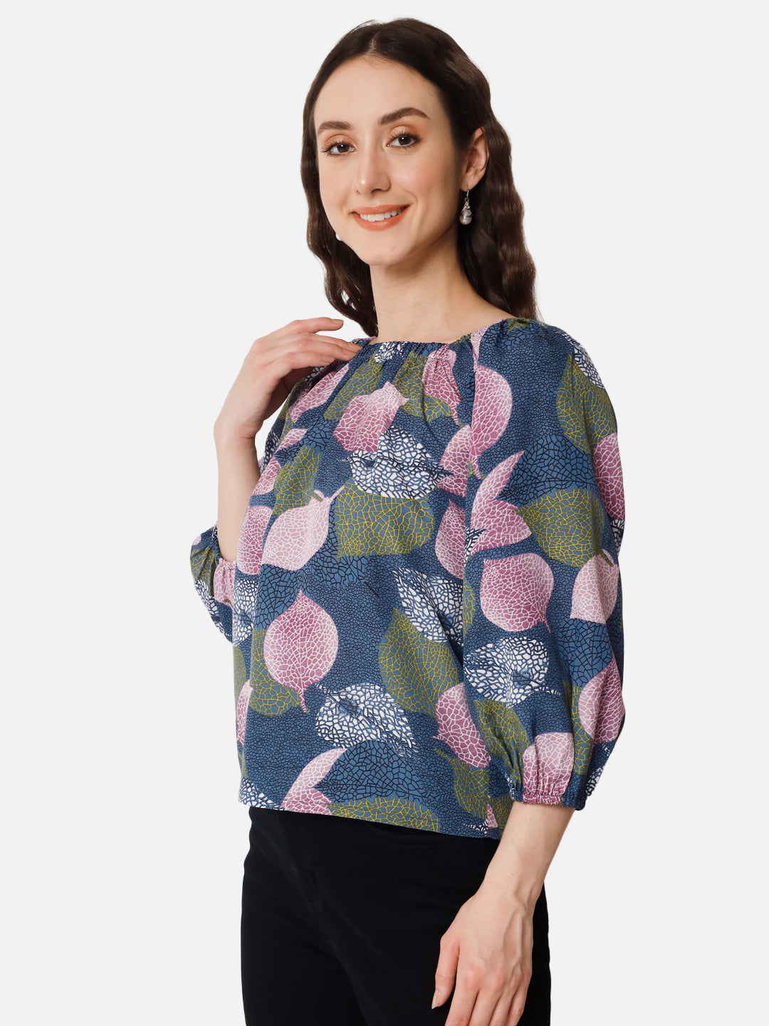 Multicolor Leaf Printed Square Neck Top for Women