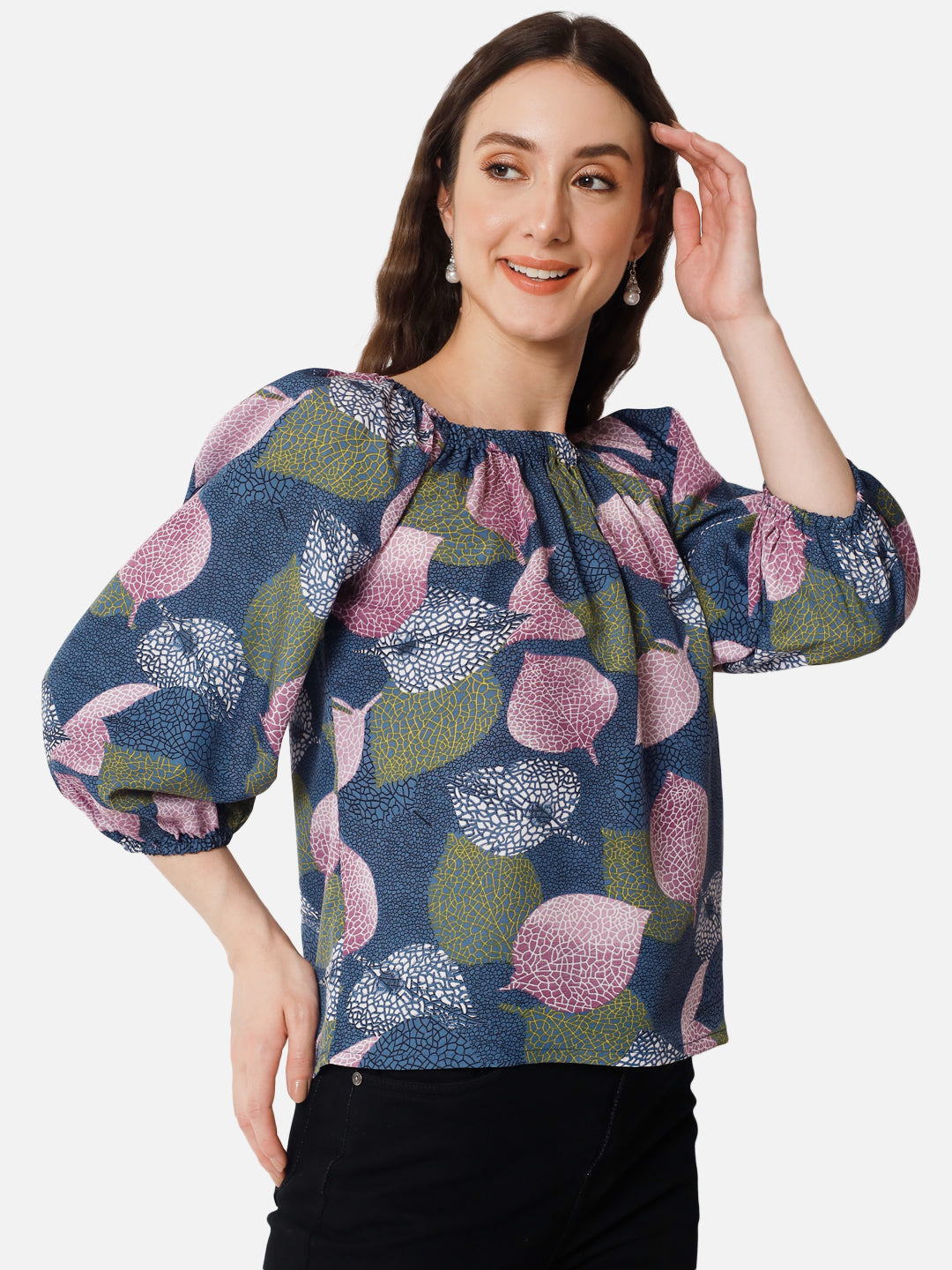 Multicolor Leaf Printed Square Neck Top for Women