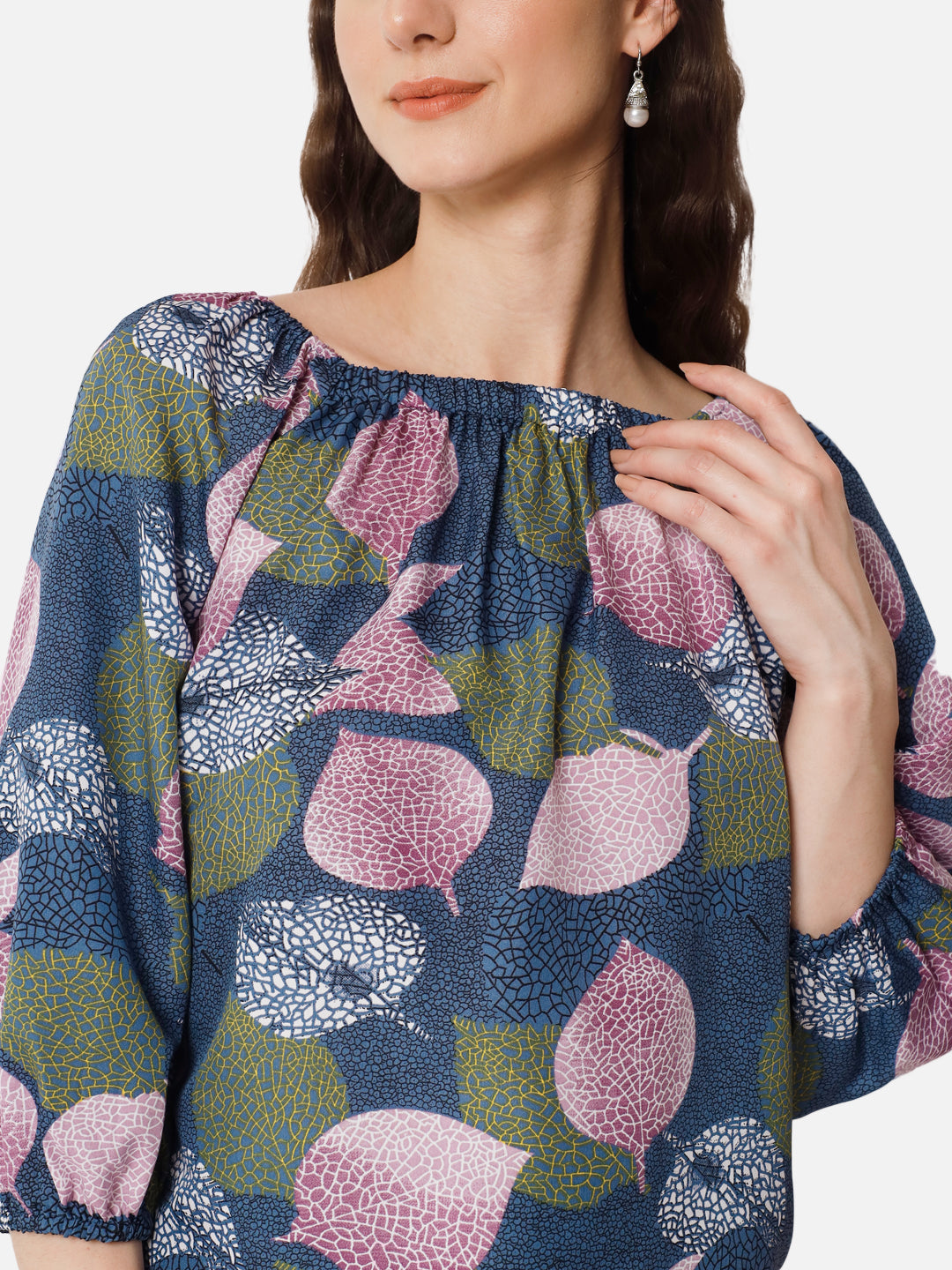 Multicolor Leaf Printed Square Neck Top for Women