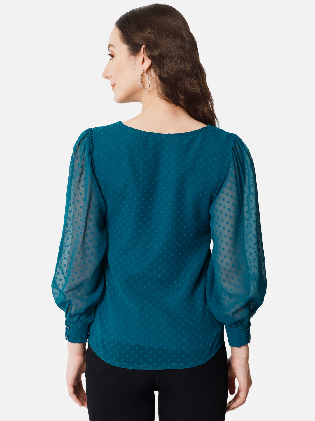 Teal Blue Swiss Dot V-Neck Top for Women