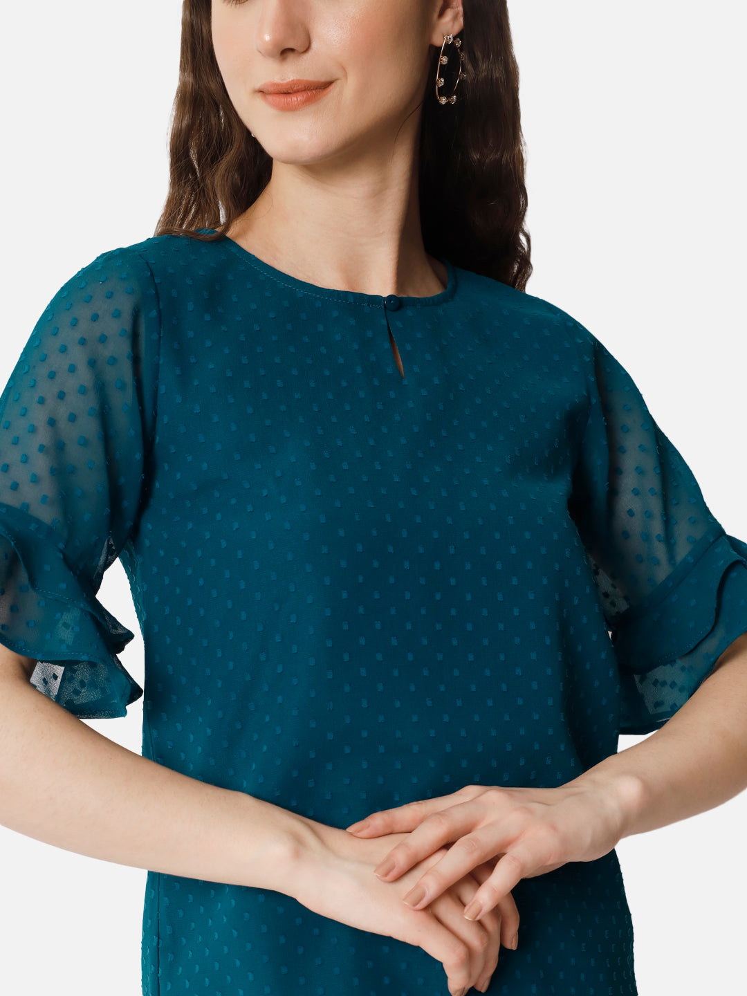 Teal Blue Swiss Dot Keyhole Neck Top for Women