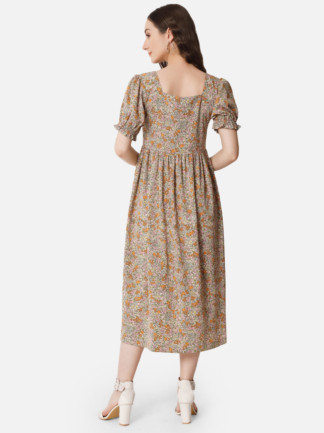 Beige Floral Half Sleeve Dress for Women