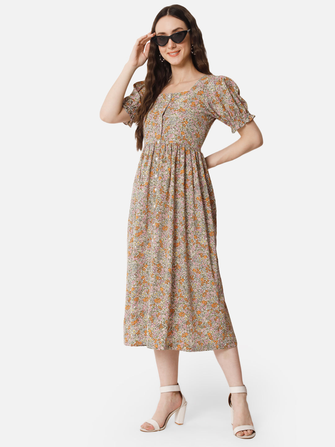 Beige Floral Half Sleeve Dress for Women