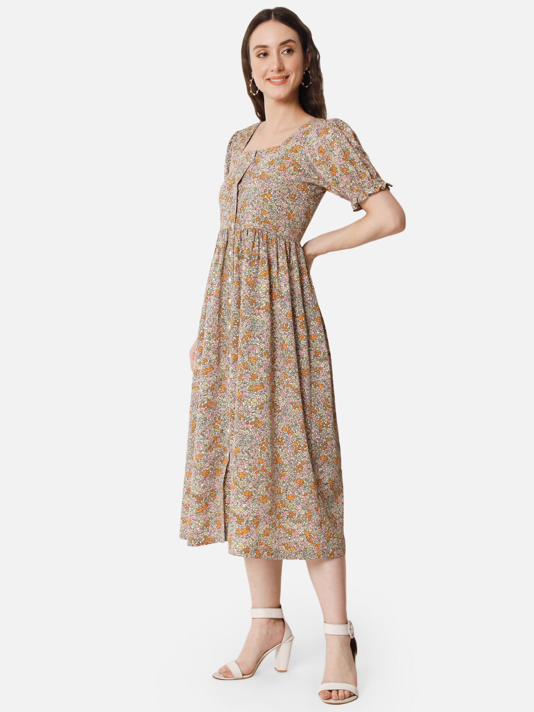 Beige Floral Half Sleeve Dress for Women