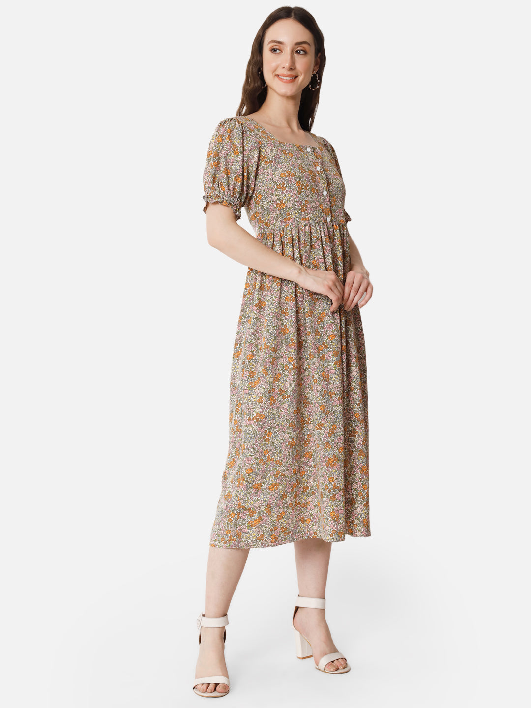 Beige Floral Half Sleeve Dress for Women