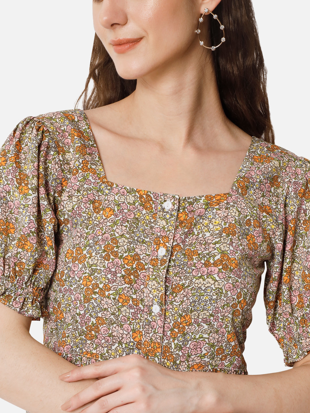 Beige Floral Half Sleeve Dress for Women
