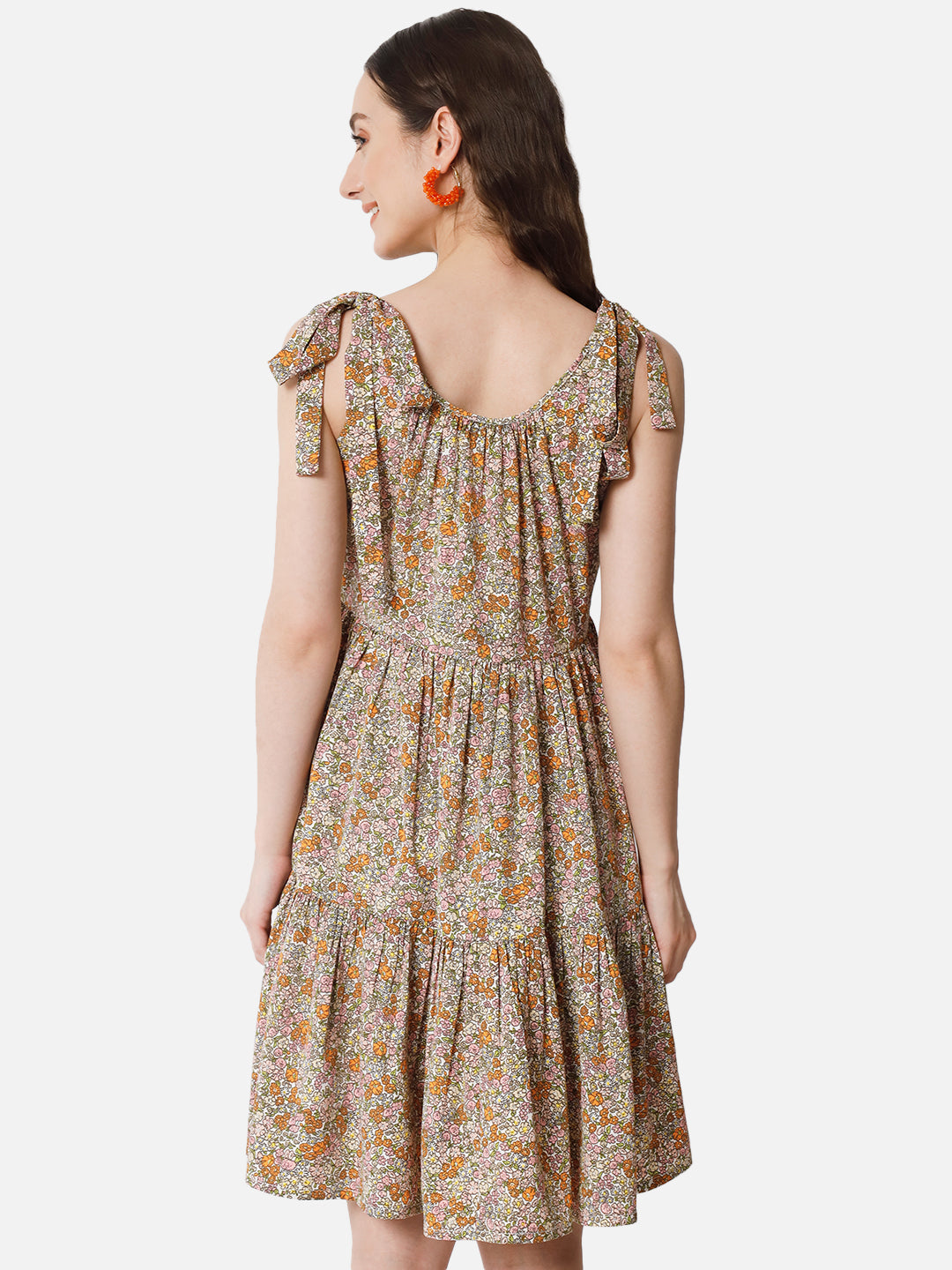 Beige Floral Sleeveless Skater Dress for Women