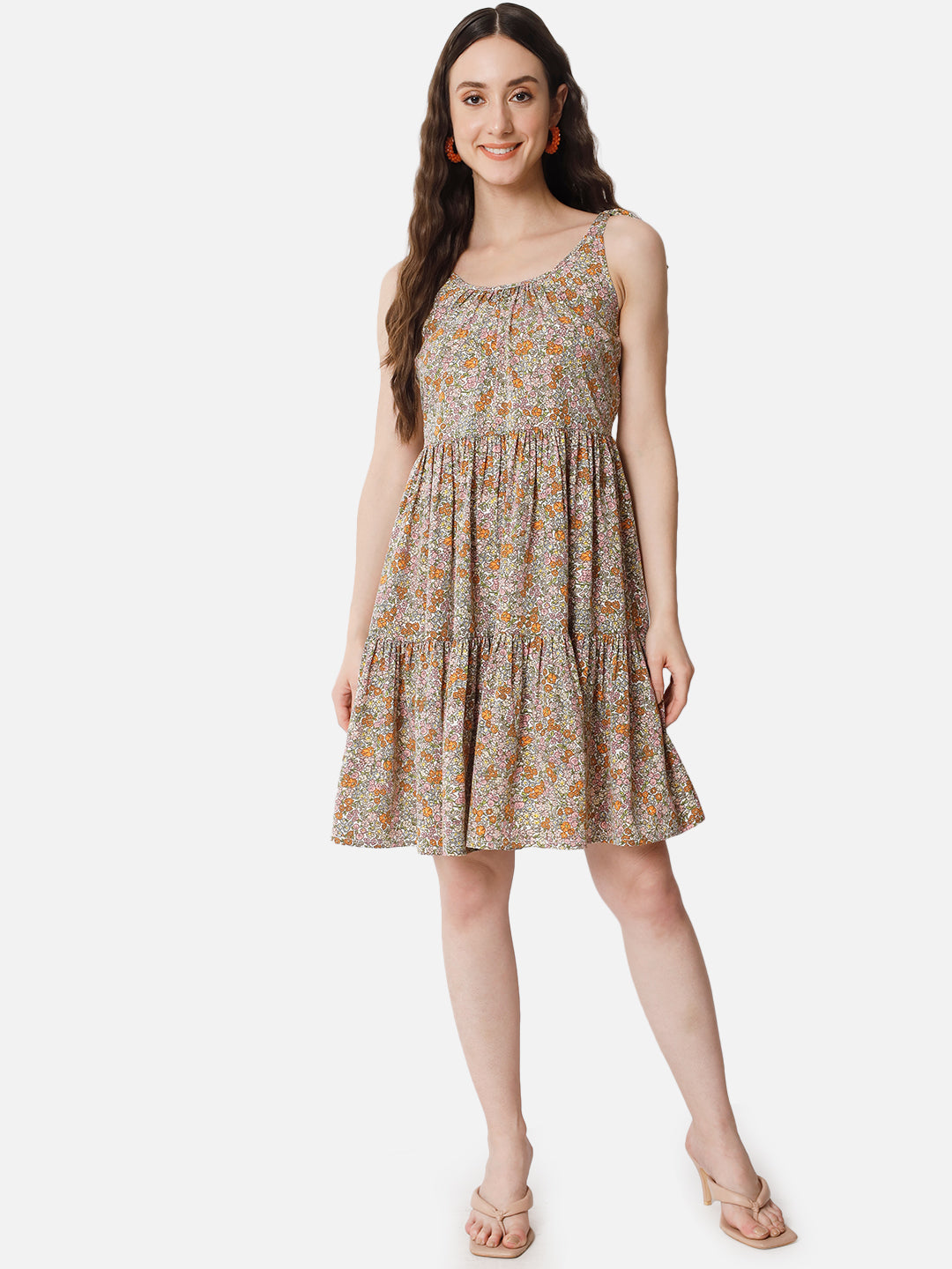Beige Floral Sleeveless Skater Dress for Women