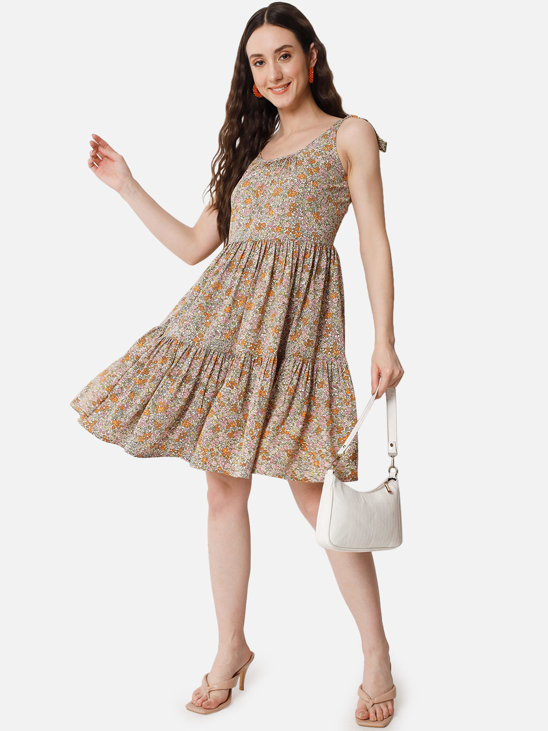 Beige Floral Sleeveless Skater Dress for Women
