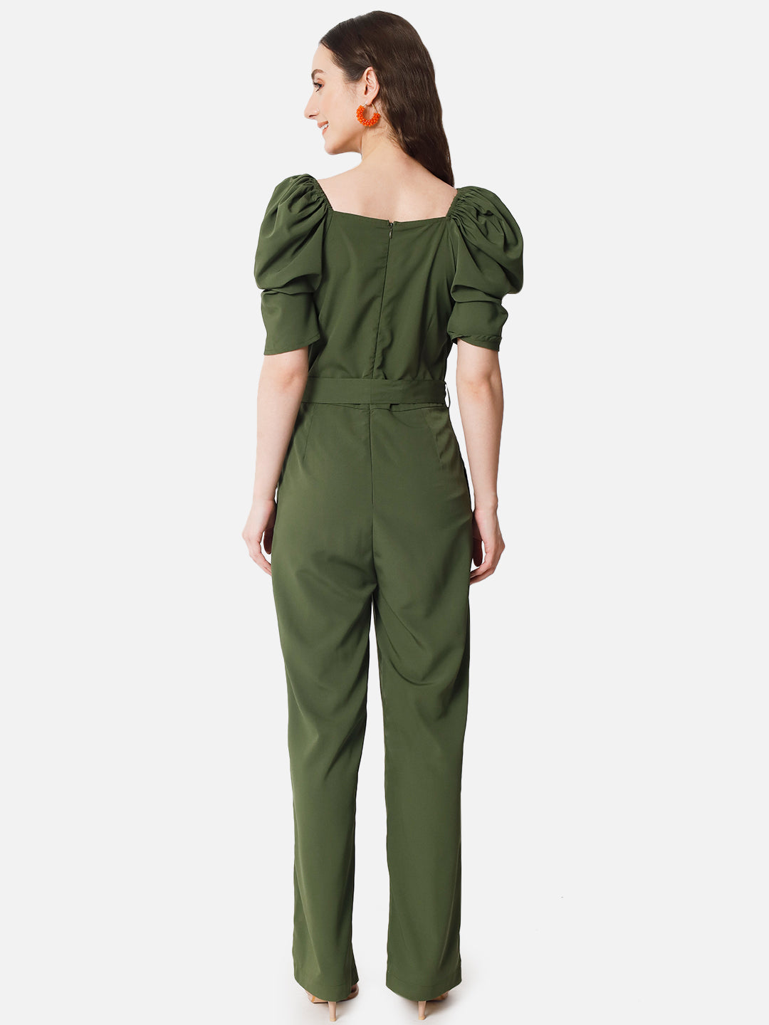 Olive Solid Half Sleeve Jumpsuit for Women