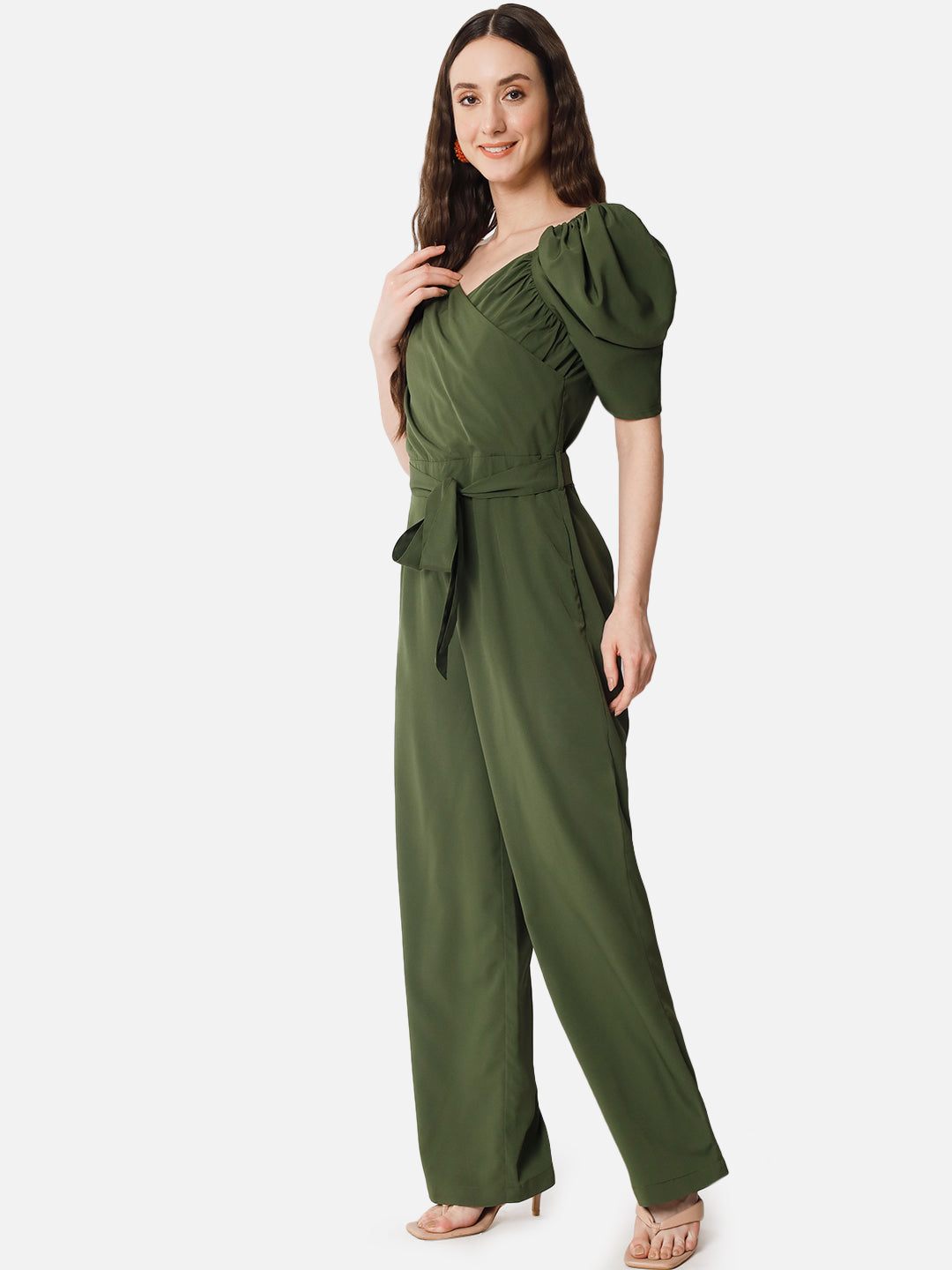 Olive Solid Half Sleeve Jumpsuit for Women