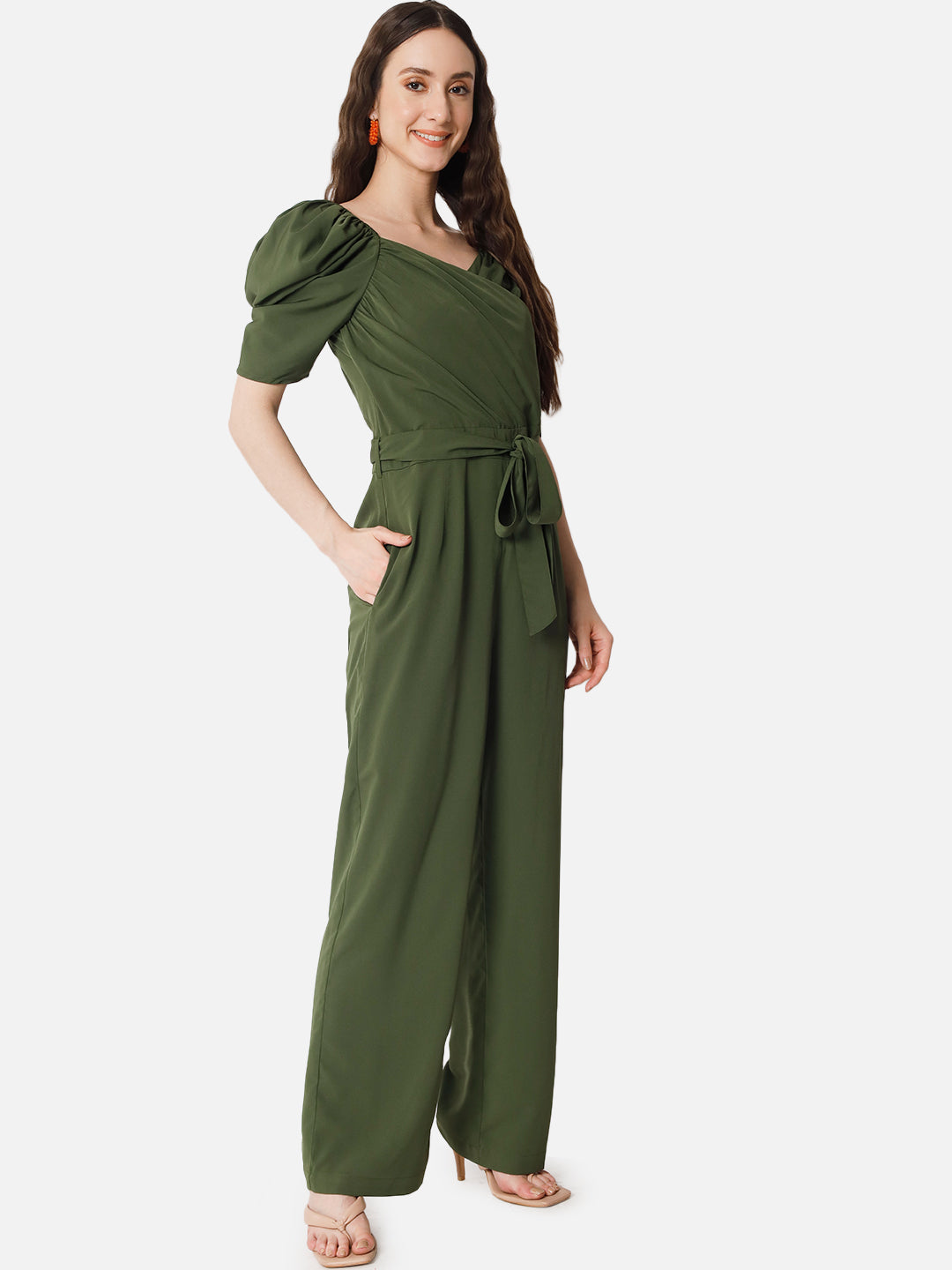 Olive Solid Half Sleeve Jumpsuit for Women