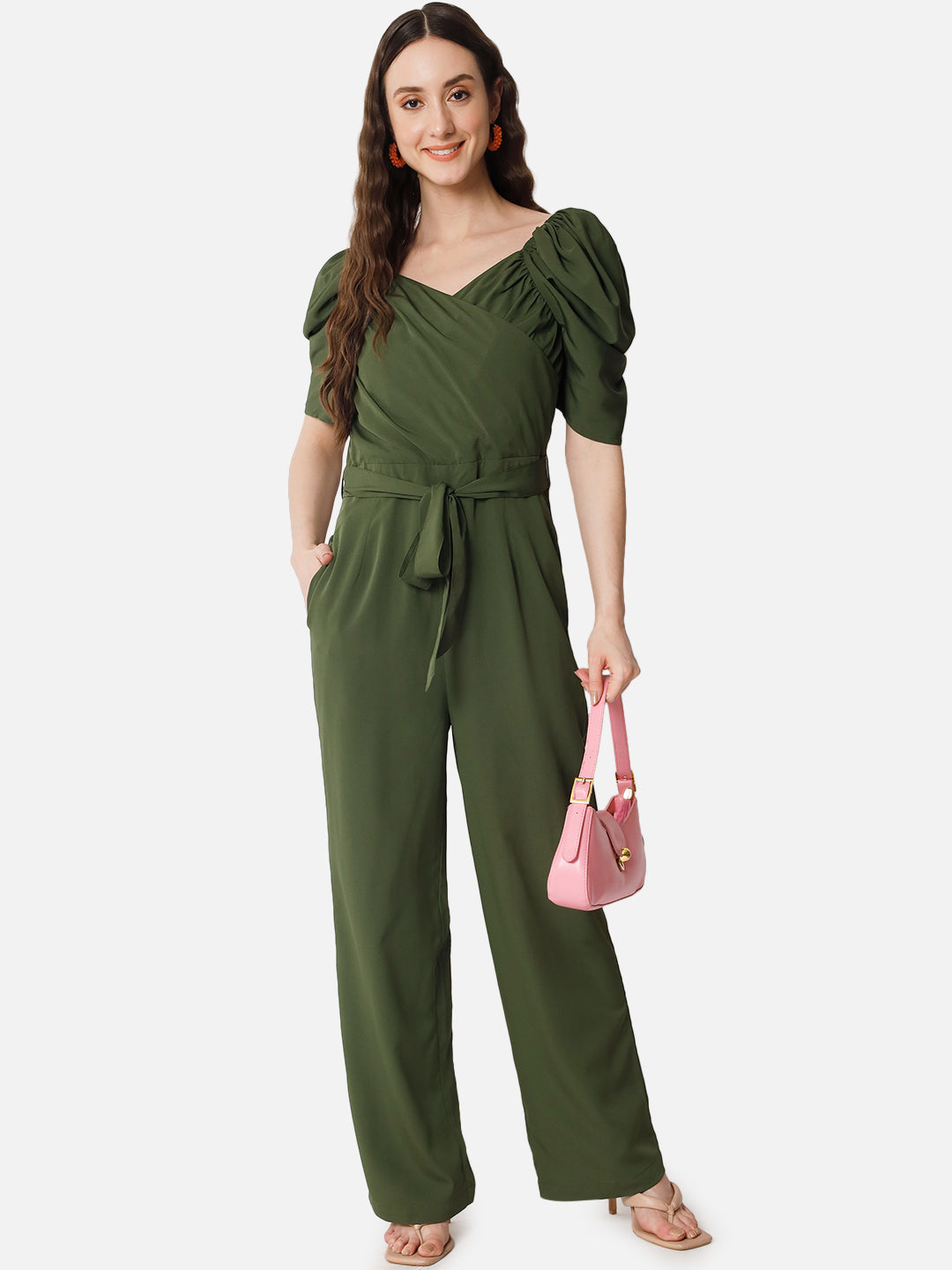 Olive Solid Half Sleeve Jumpsuit for Women