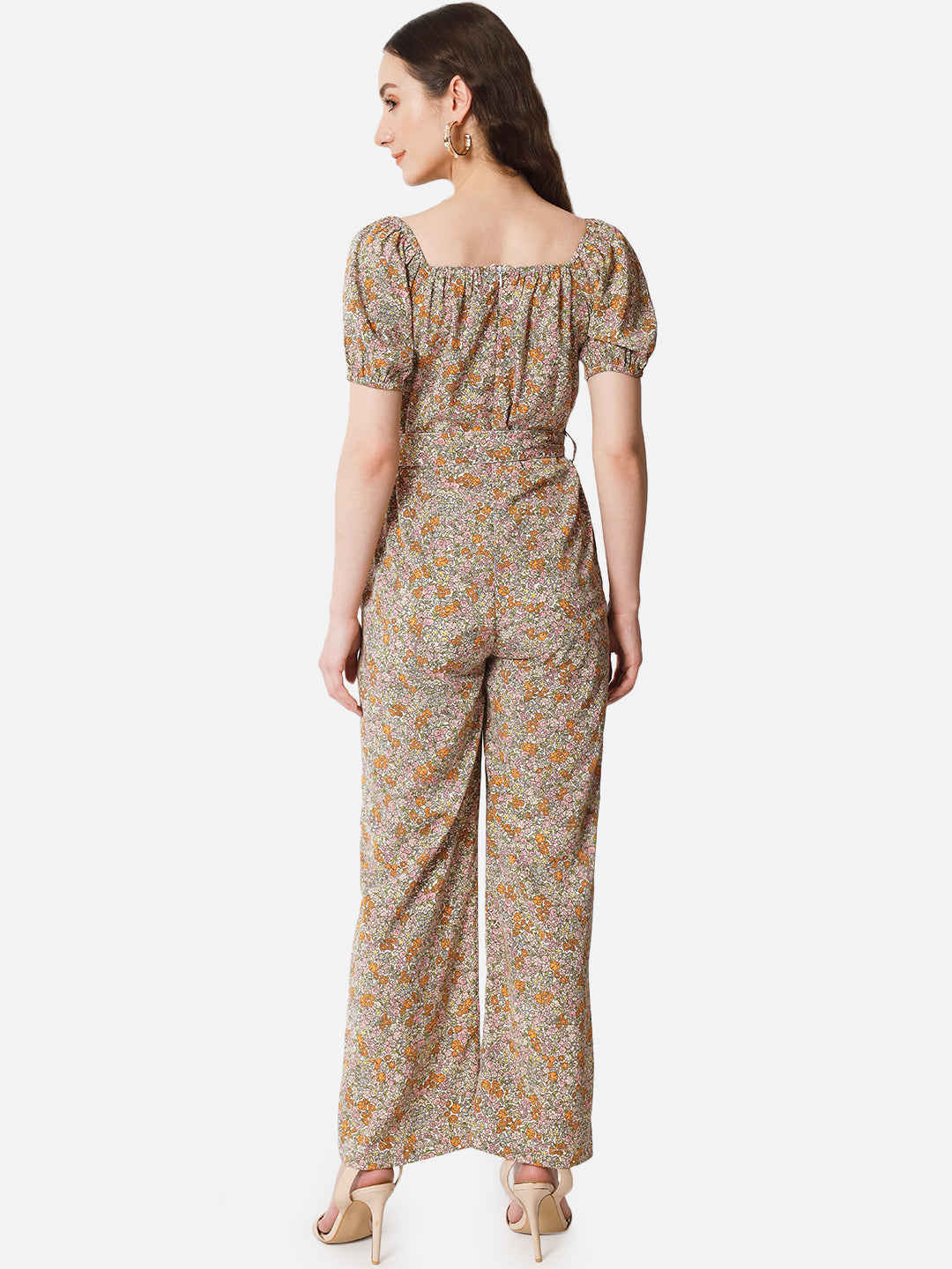 Floral Brown Half Sleeve Jumpsuit for Women