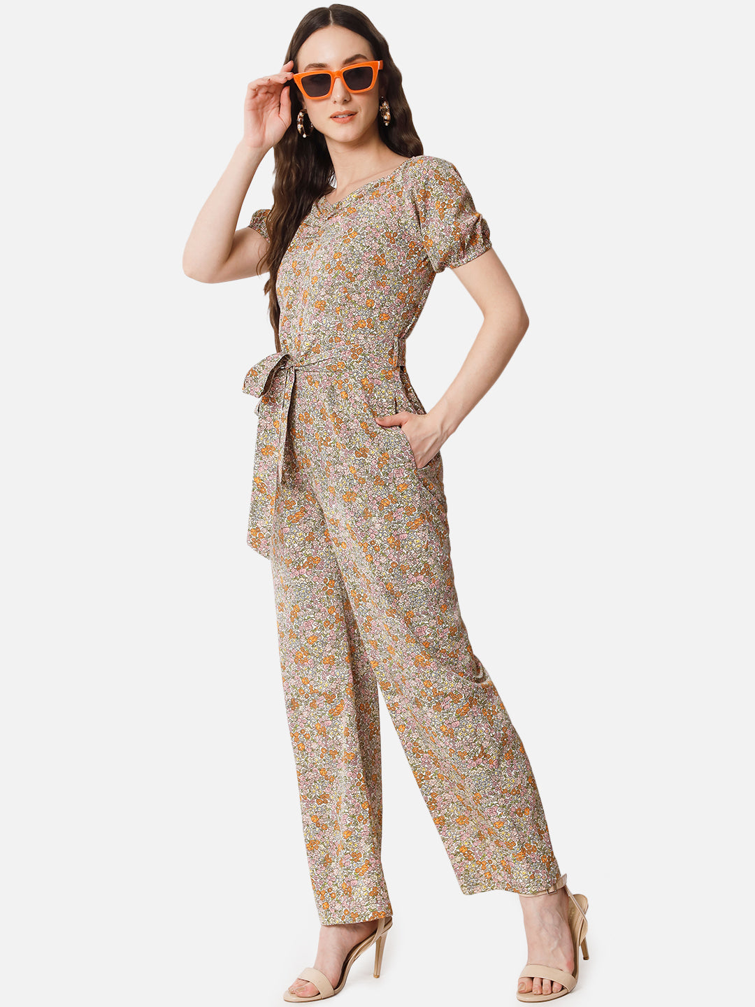 Floral Brown Half Sleeve Jumpsuit for Women