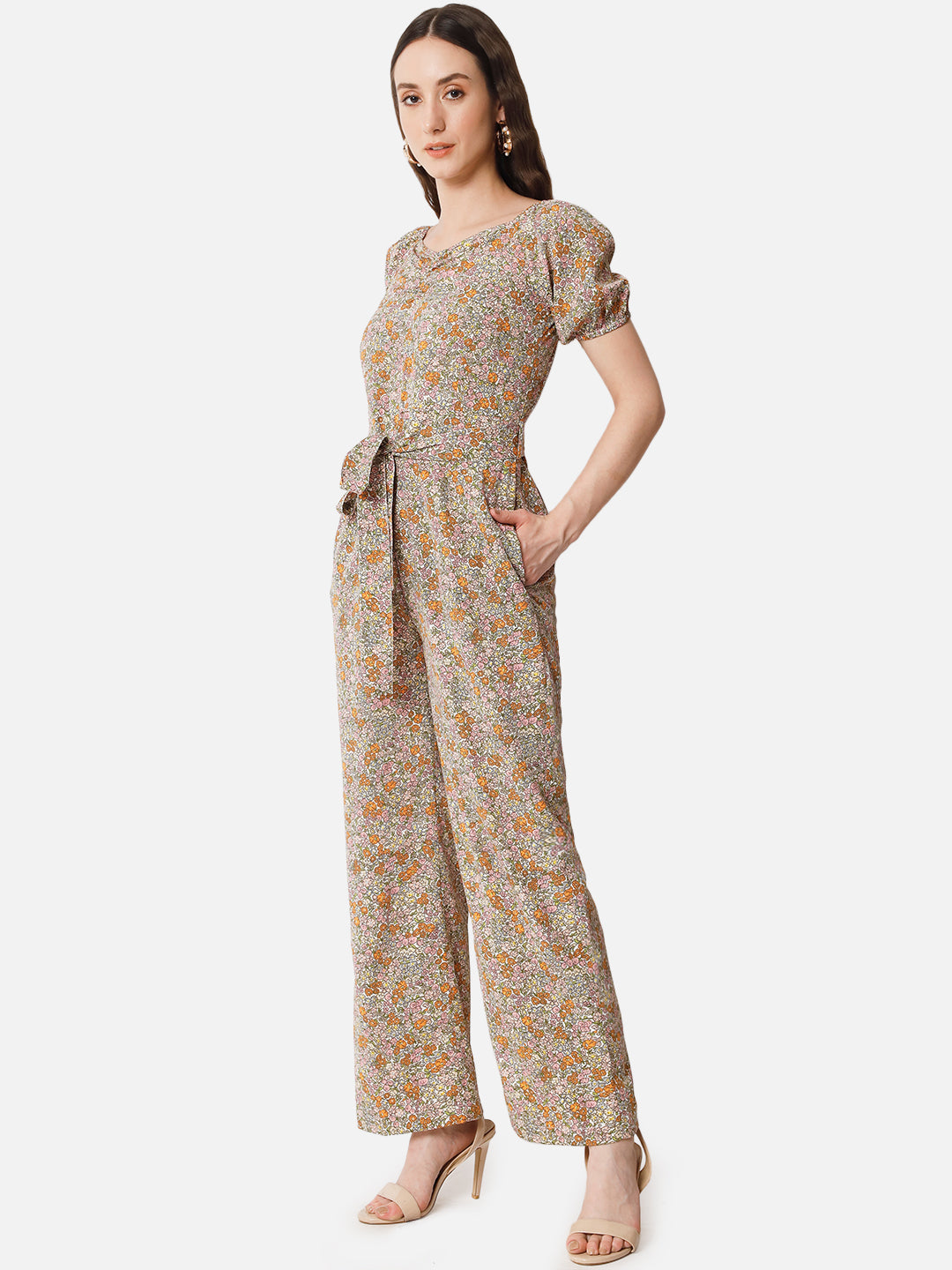 Floral Brown Half Sleeve Jumpsuit for Women