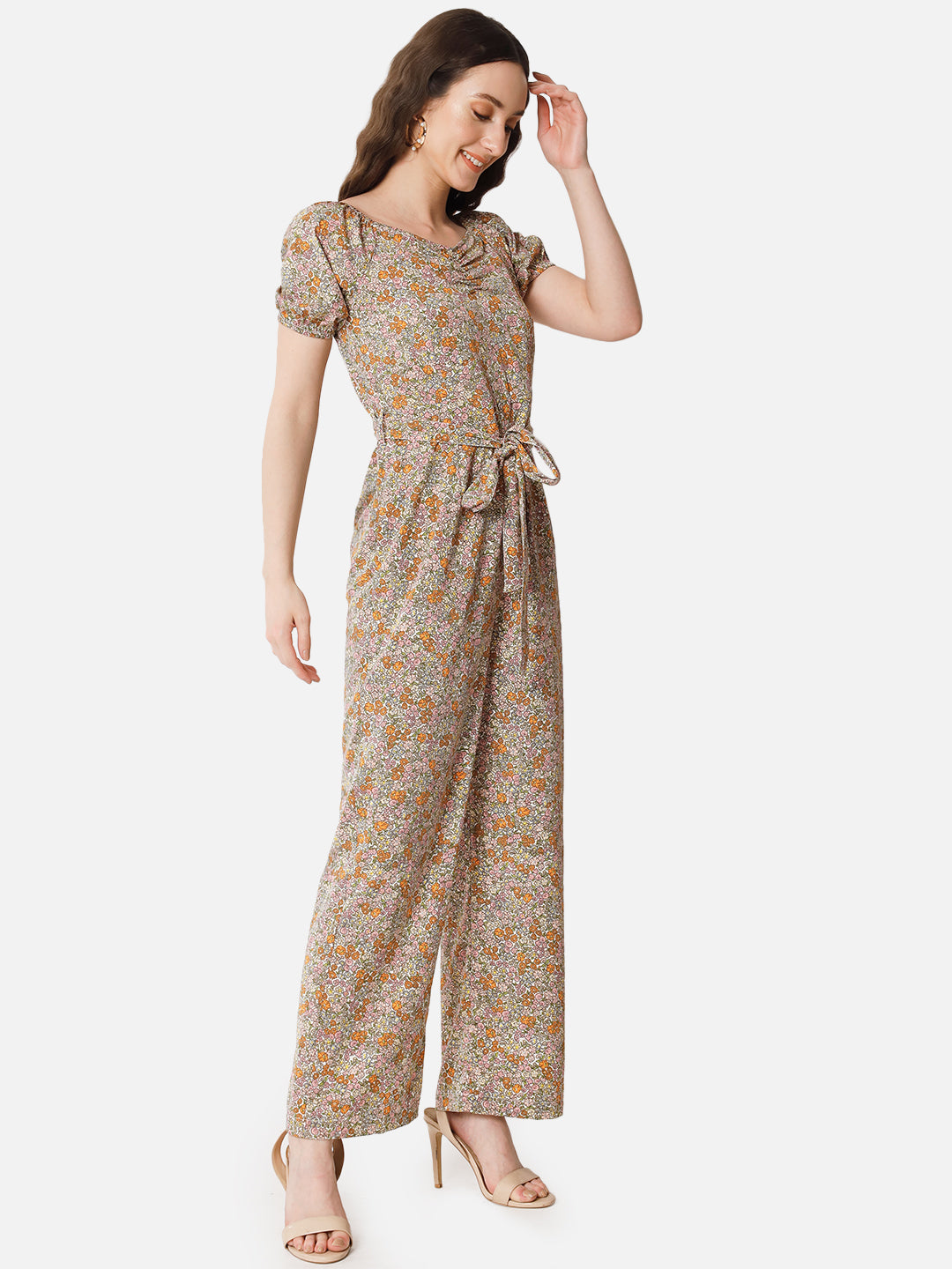 Floral Brown Half Sleeve Jumpsuit for Women