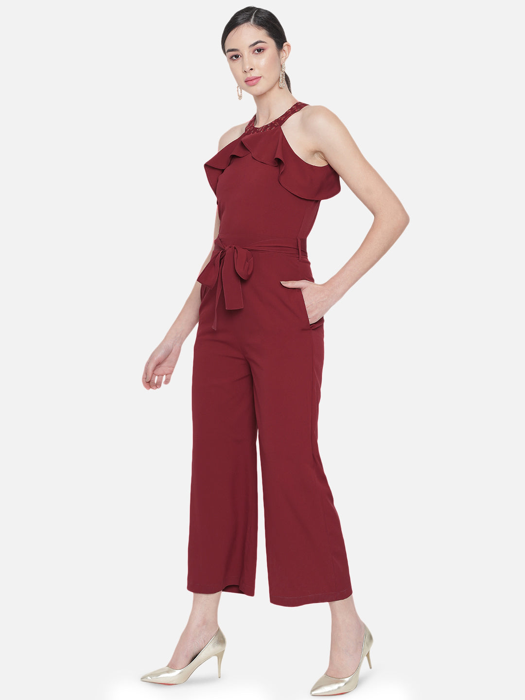 Solid Maroon Sleeveless Jumpsuit for Women