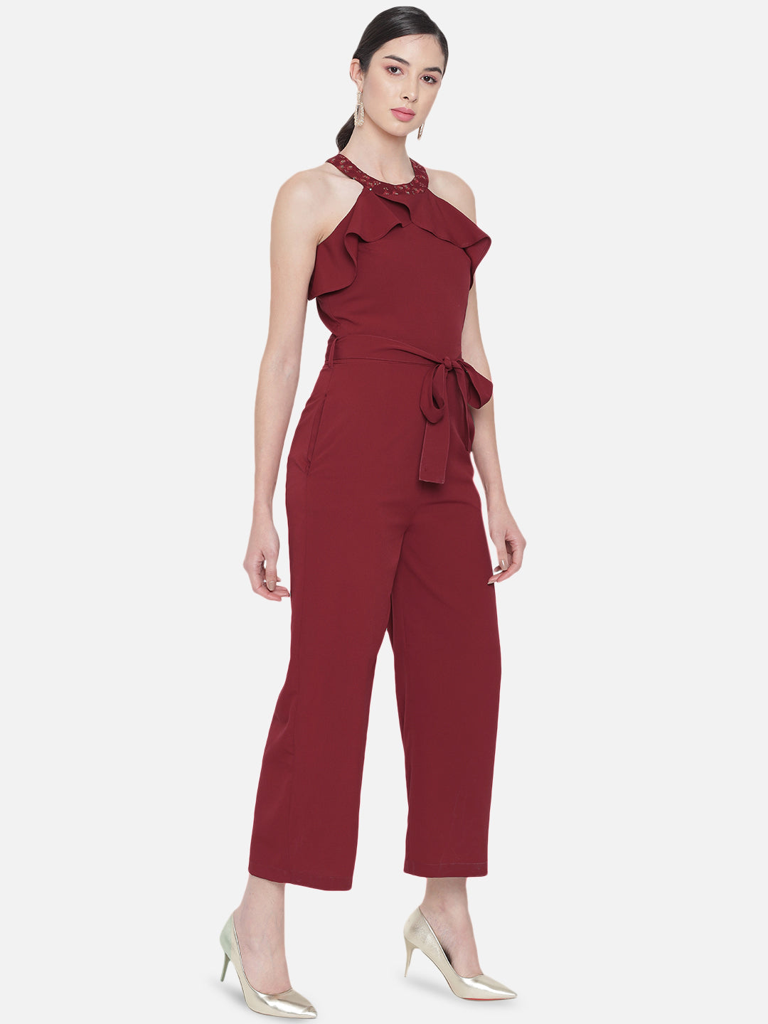 Solid Maroon Sleeveless Jumpsuit for Women