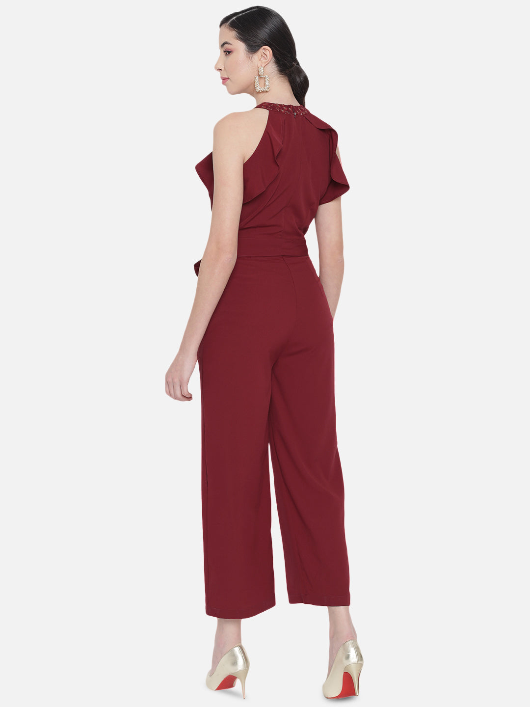 Solid Maroon Sleeveless Jumpsuit for Women