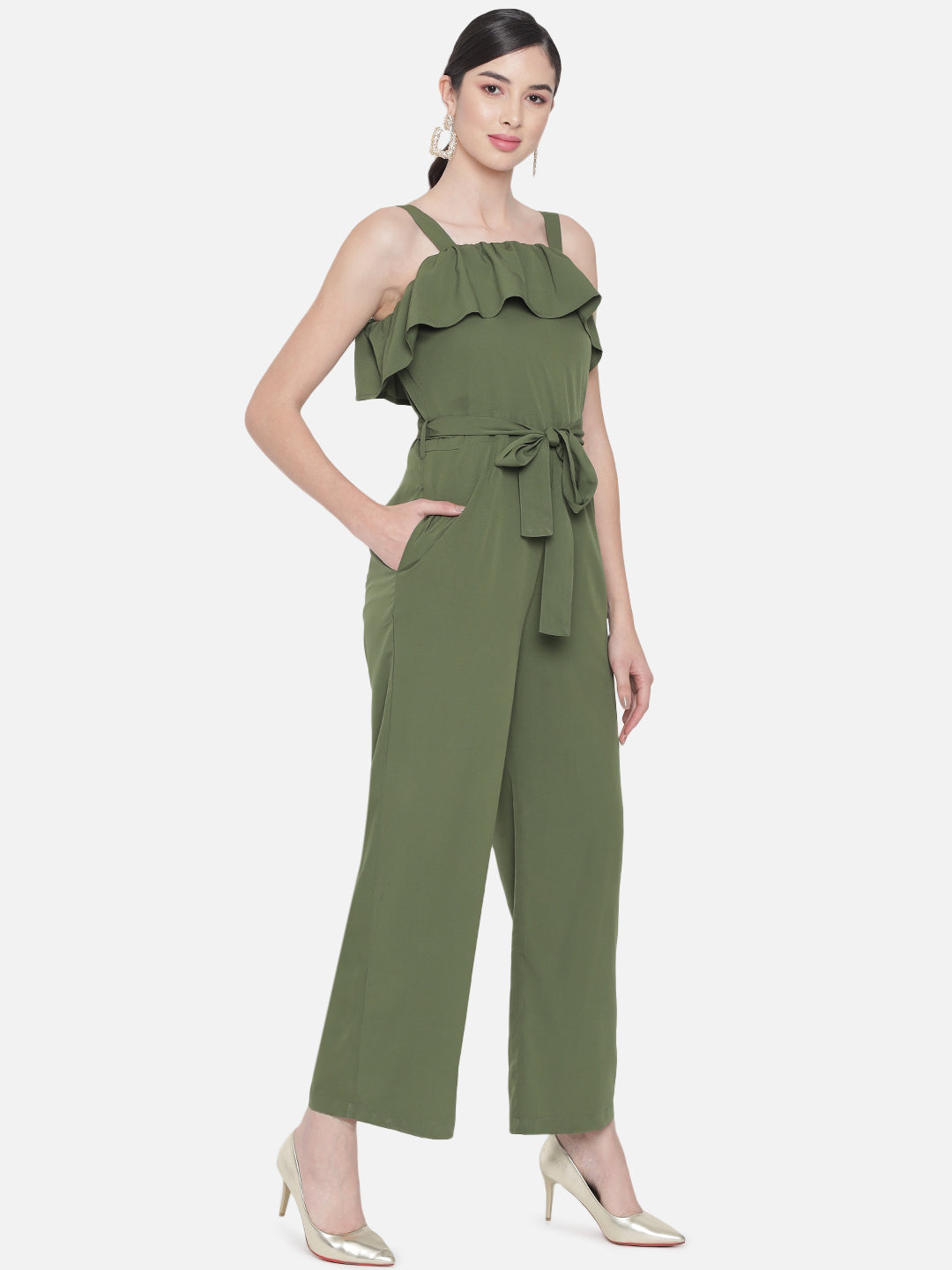 Solid Green Sleeveless Jumpsuit for Women