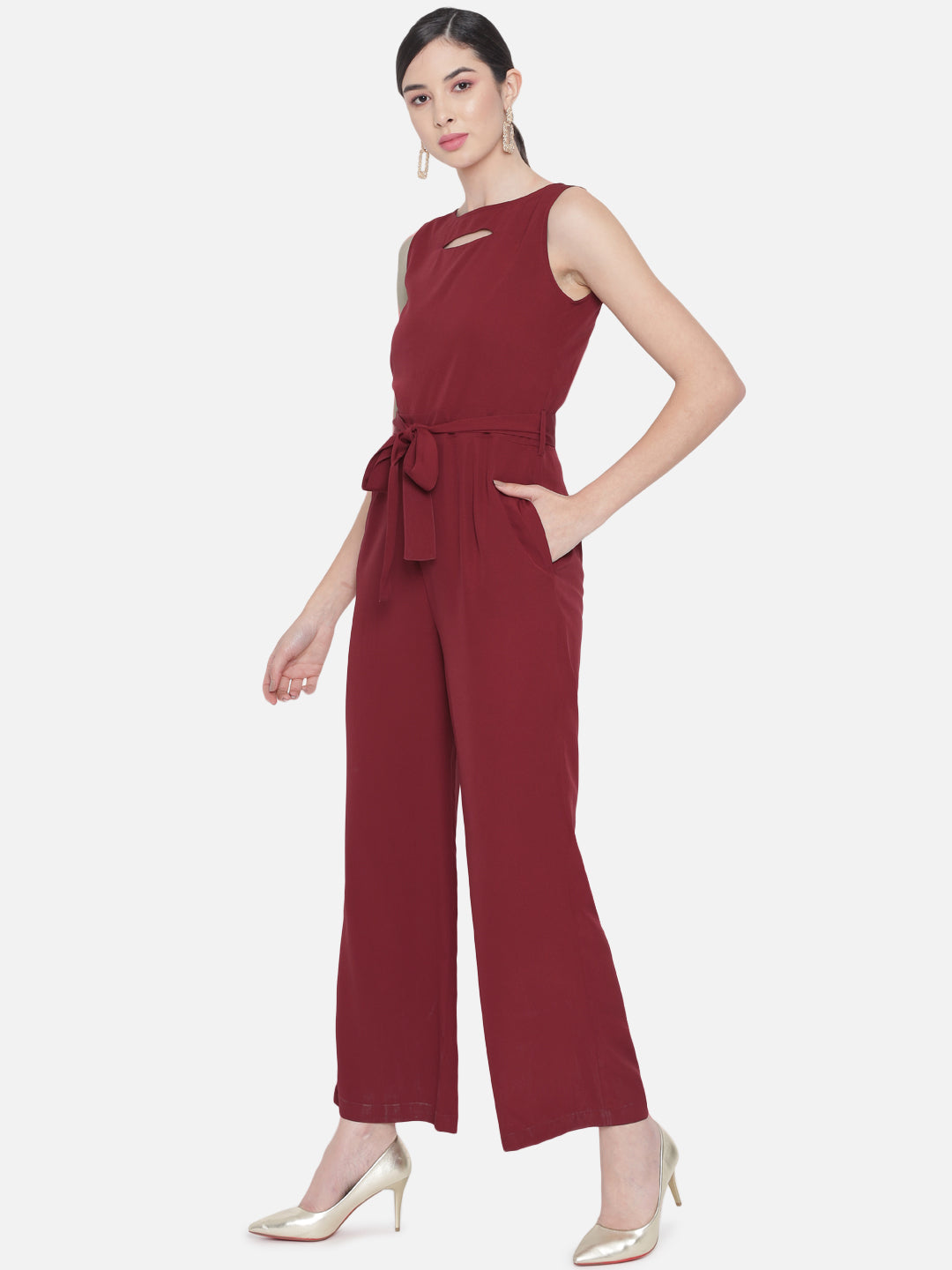 Solid Maroon Sleeveless Jumpsuit for Women