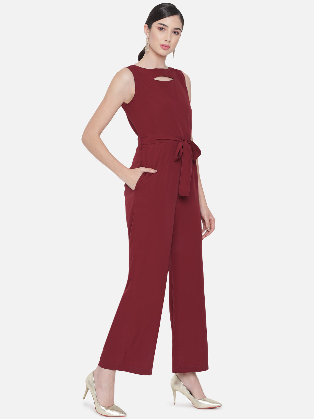 Solid Maroon Sleeveless Jumpsuit for Women