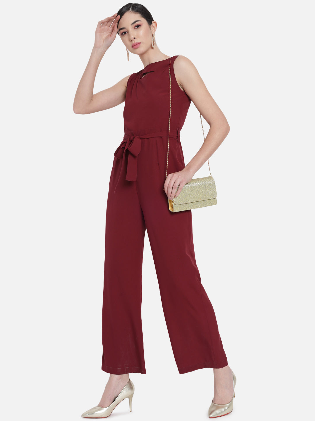 Solid Maroon Sleeveless Jumpsuit for Women
