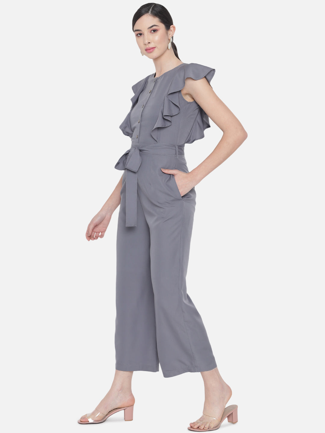 Solid Grey Sleeveless Jumpsuit for Women