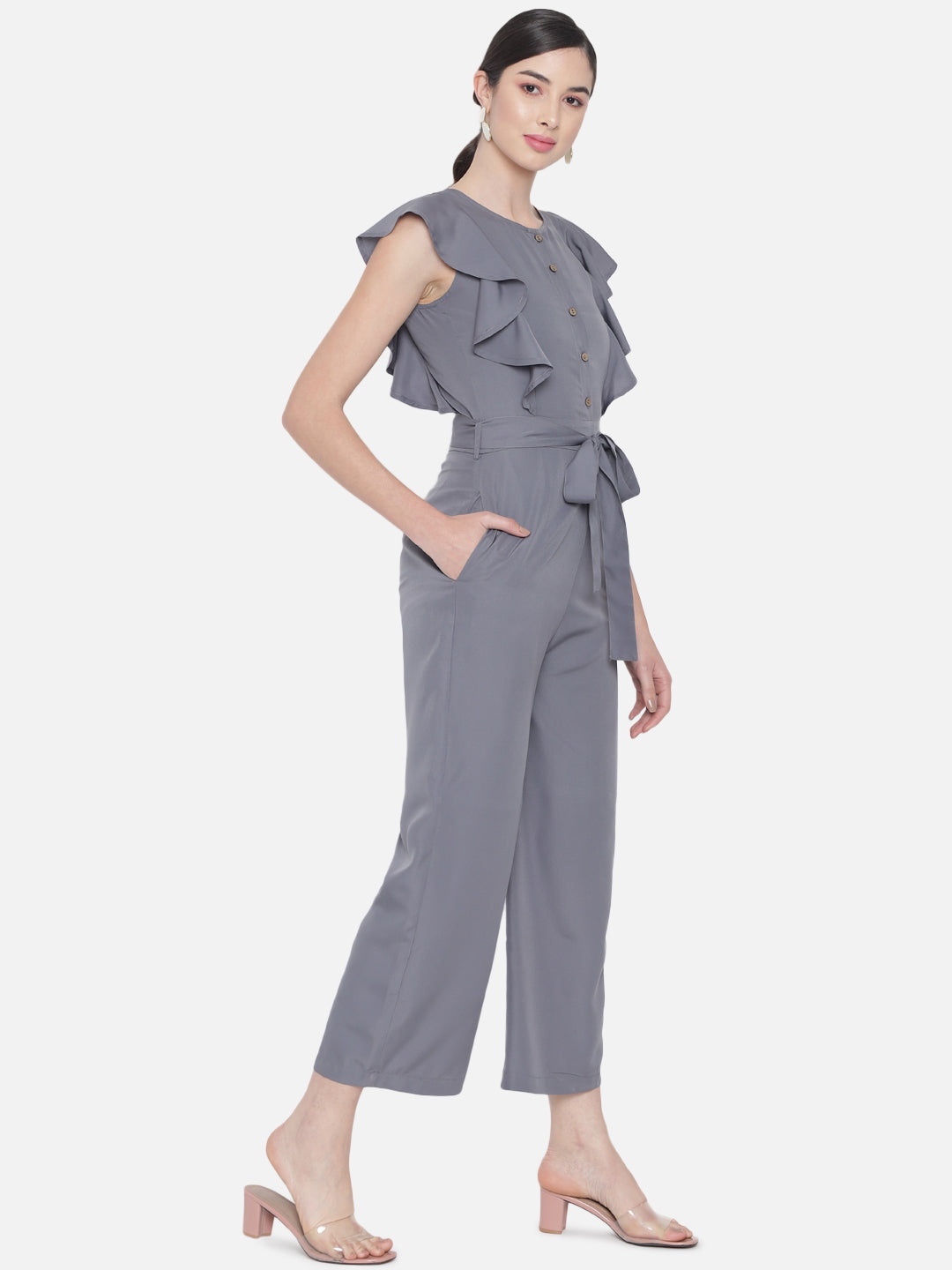 Solid Grey Sleeveless Jumpsuit for Women