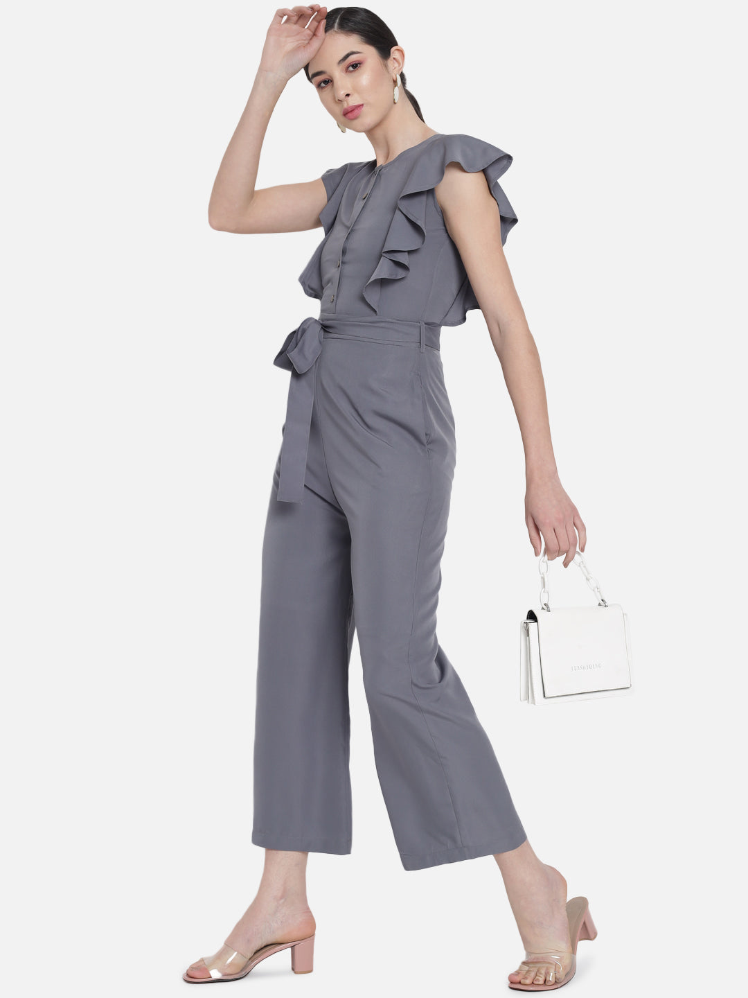 Solid Grey Sleeveless Jumpsuit for Women