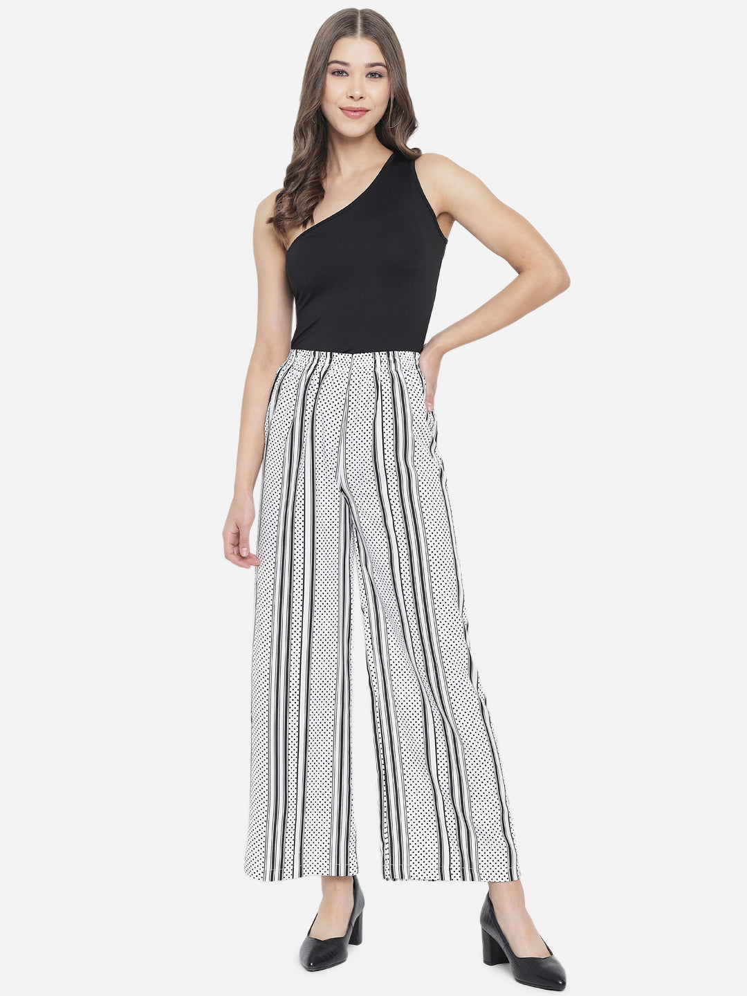 White Polka Dot Regular Fit Straight Palazzo for Women