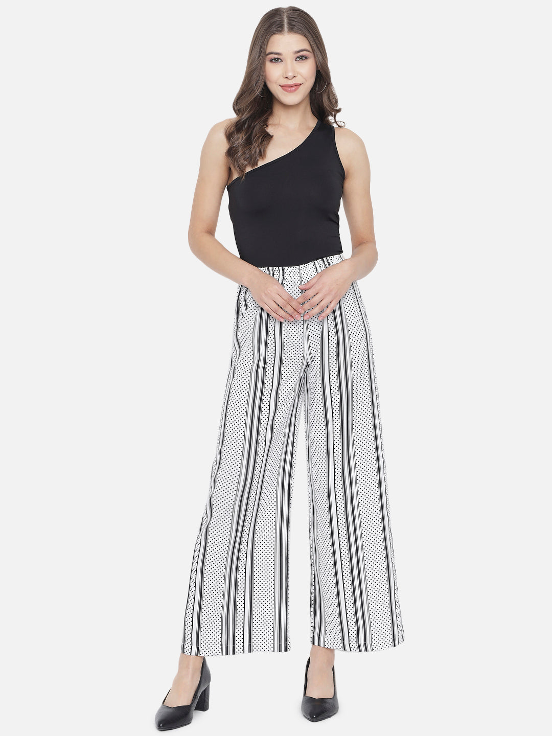 White Polka Dot Regular Fit Straight Palazzo for Women