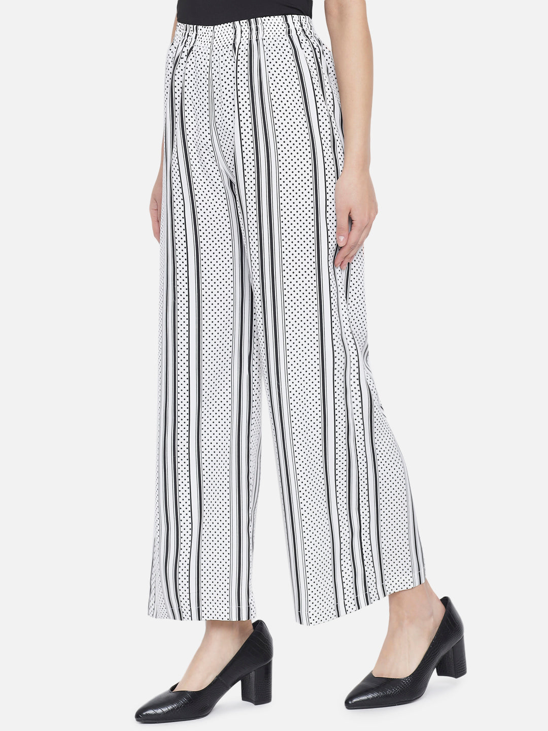 White Polka Dot Regular Fit Straight Palazzo for Women