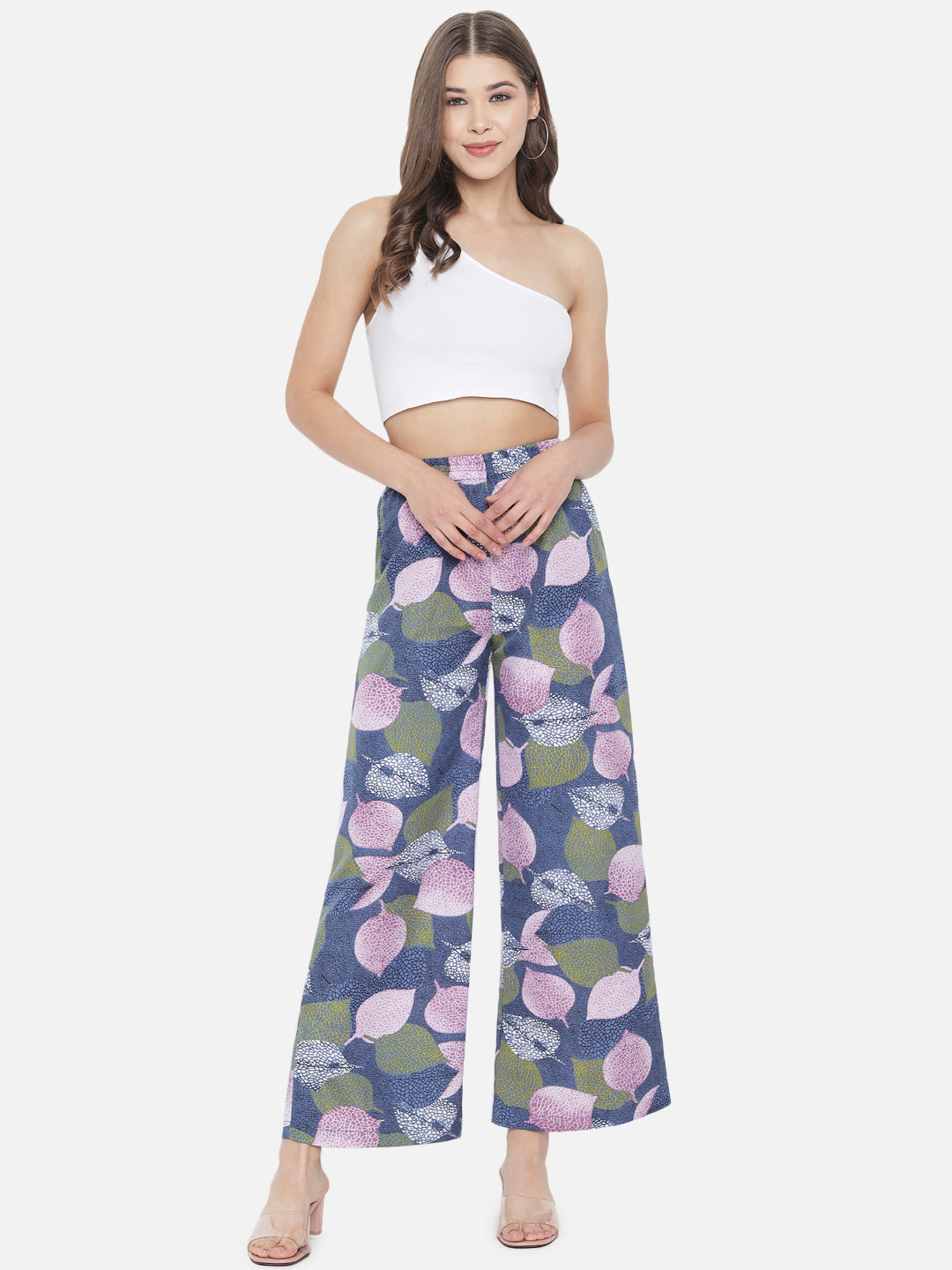 Multicolor Leaf Print Regular Fit Straight Palazzo for Women