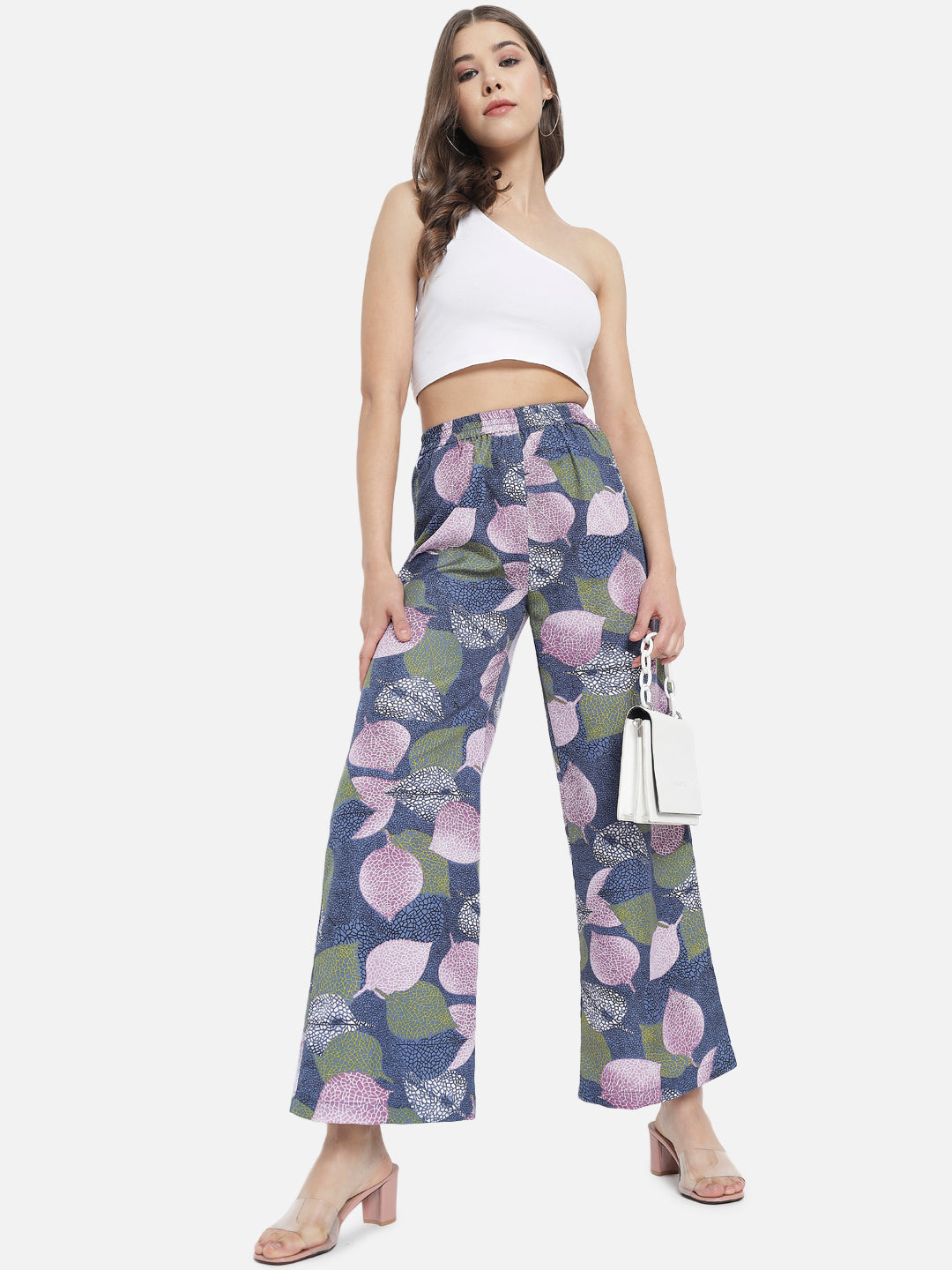 Multicolor Leaf Print Regular Fit Straight Palazzo for Women