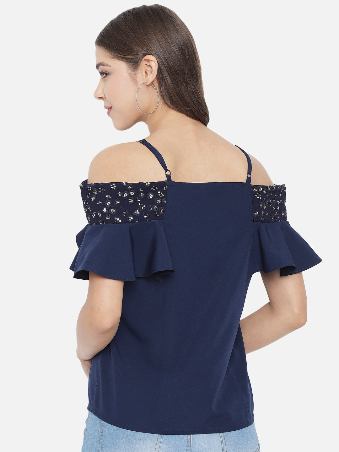 Solid Half Sleeves Cold Shoulder Top for Women