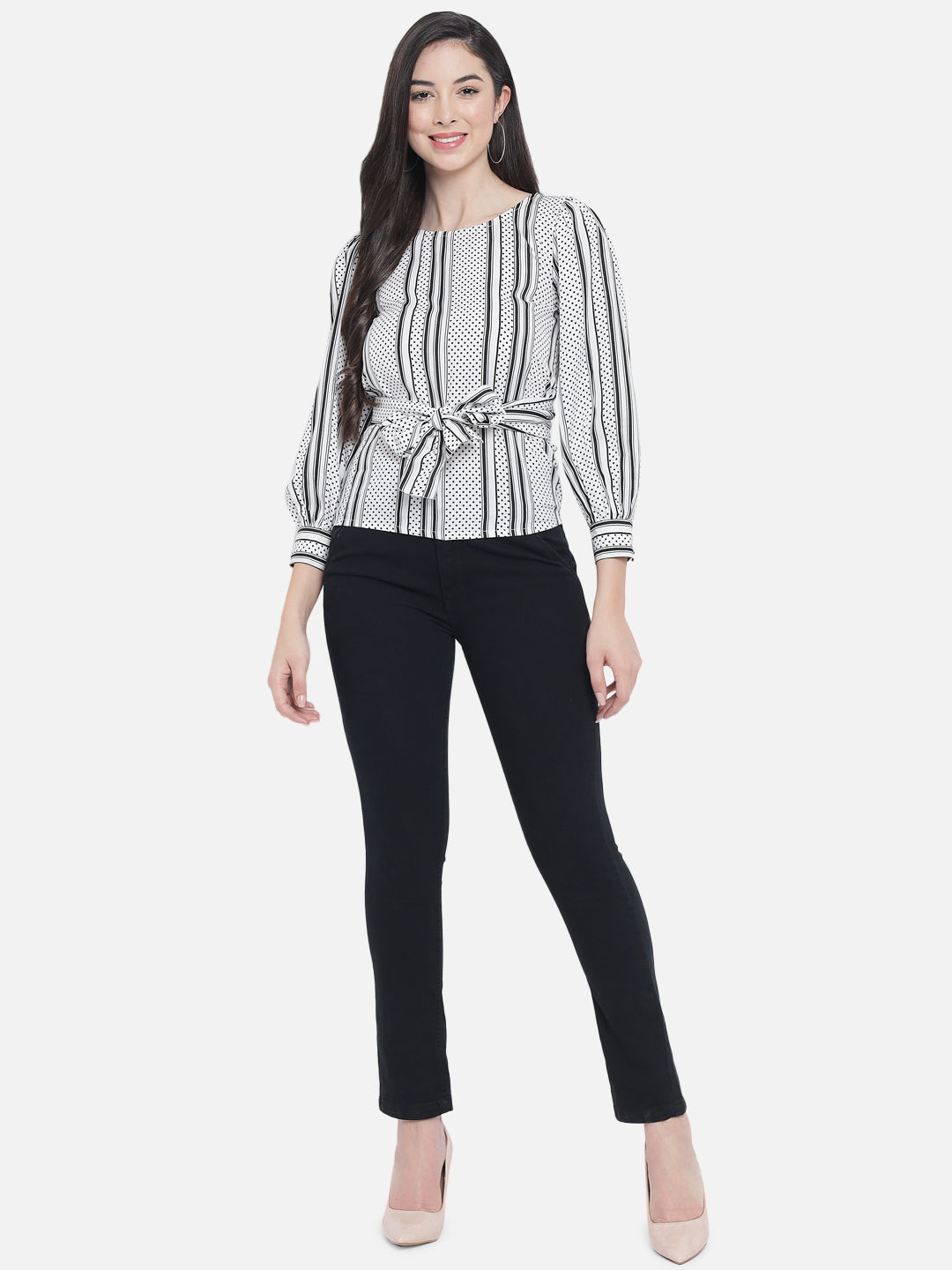 White Polka Dot Round Neck Top for Women