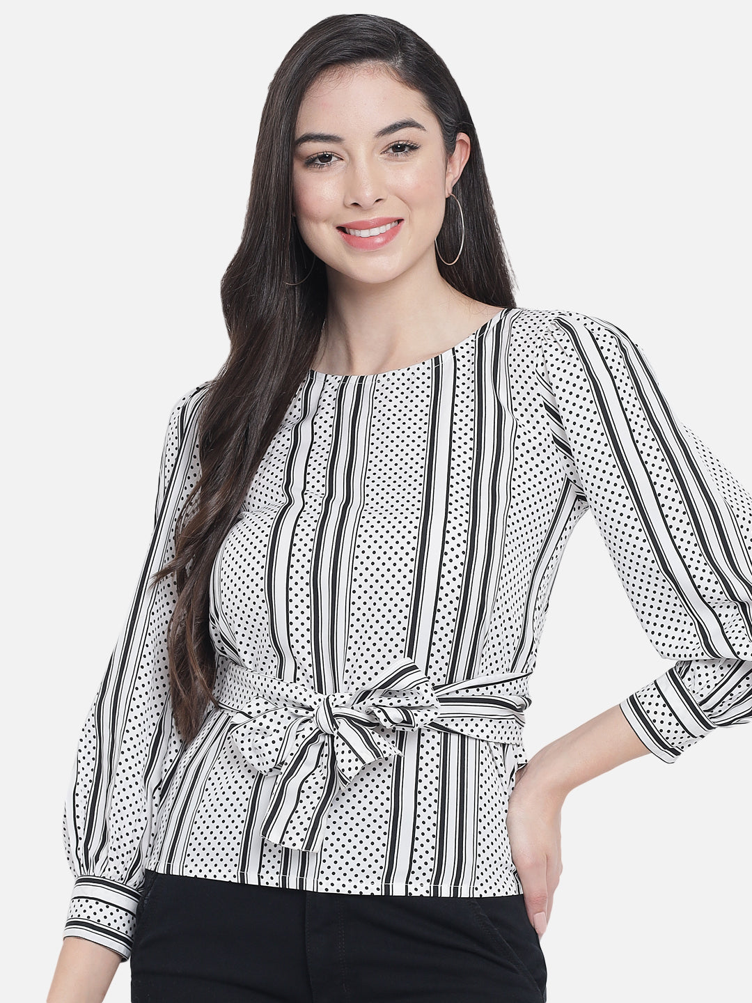 White Polka Dot Round Neck Top for Women