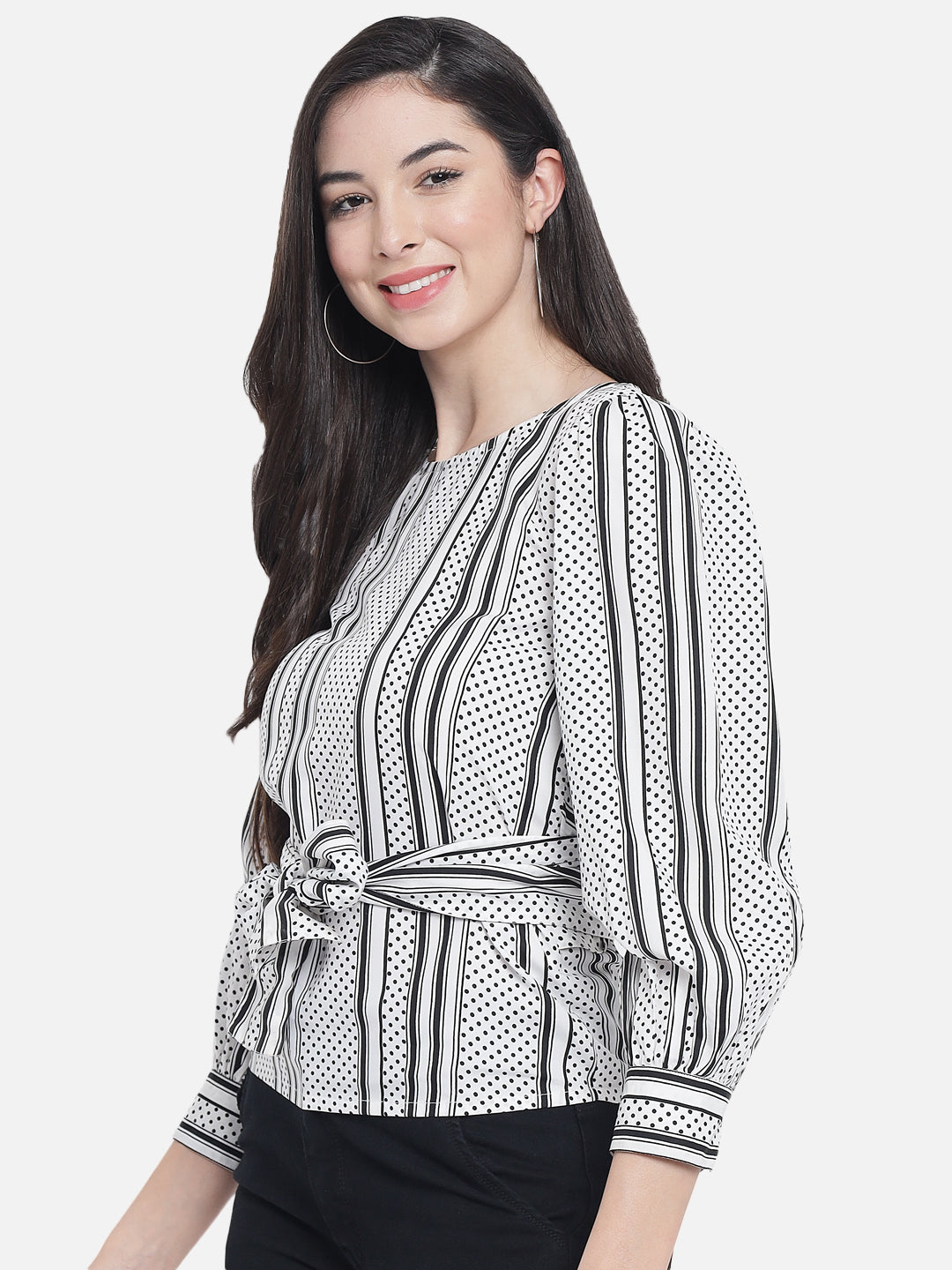 White Polka Dot Round Neck Top for Women