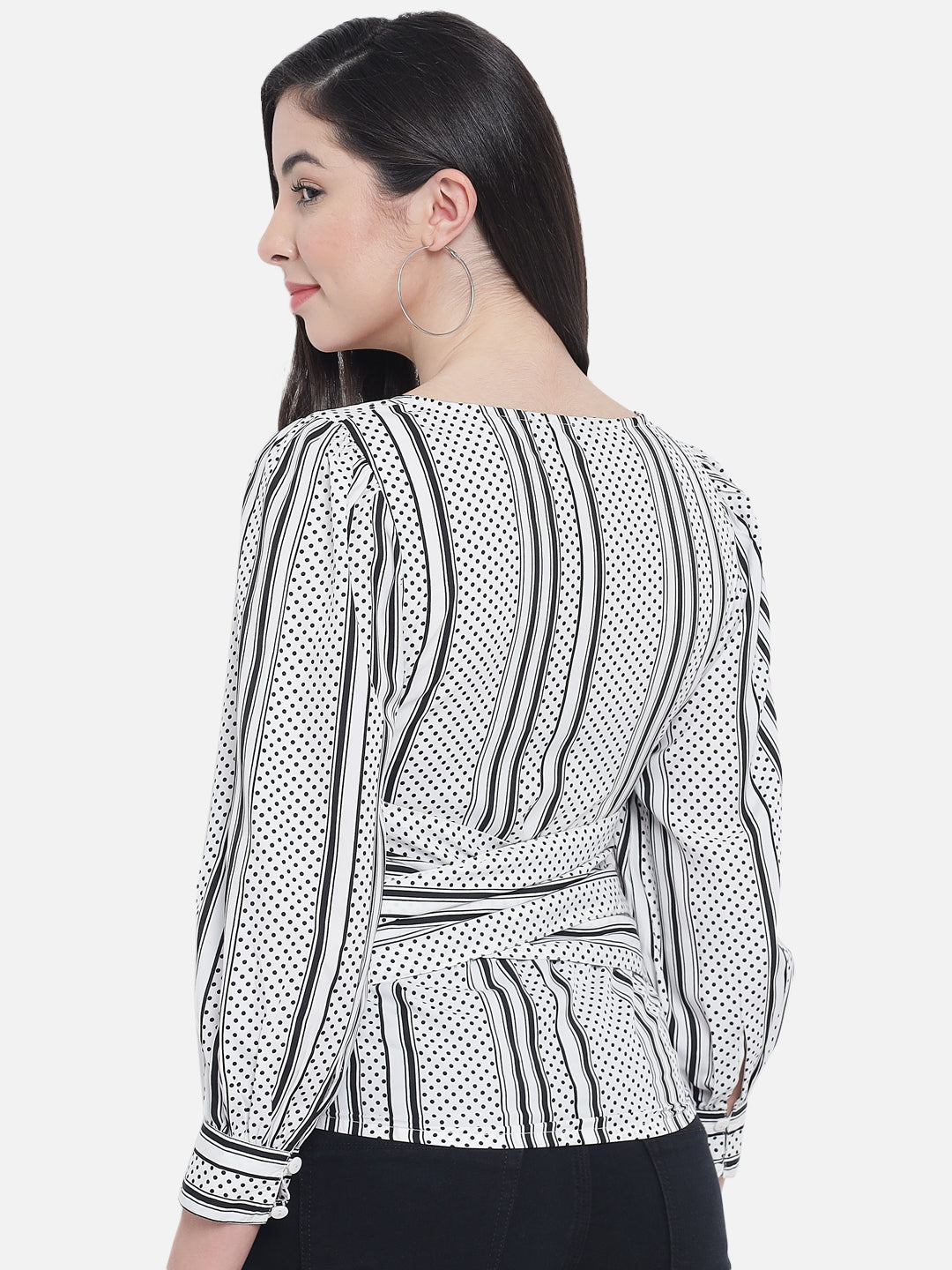 White Polka Dot Round Neck Top for Women