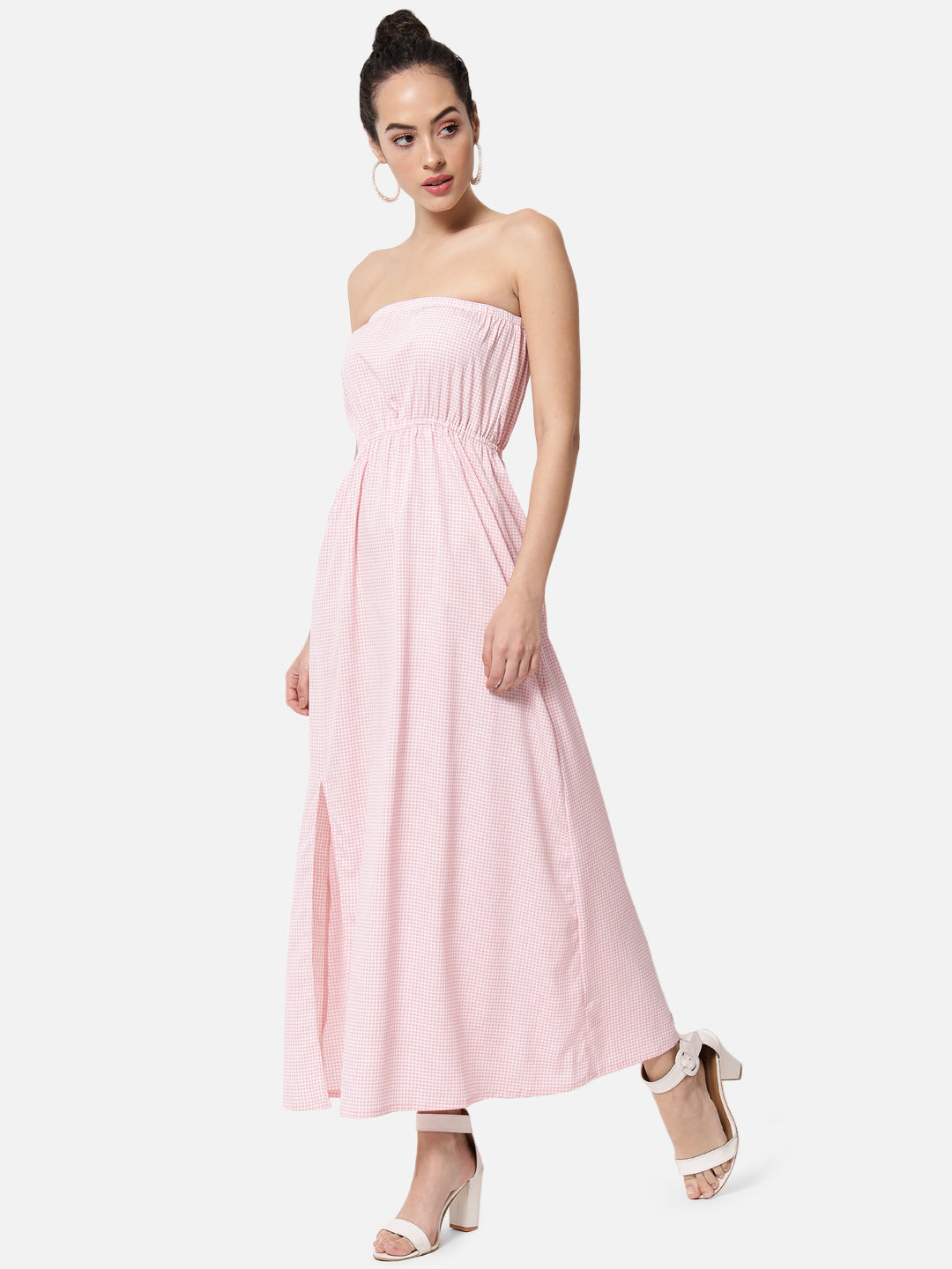 Pink Houndstooth Printed Sleeveless Tube Dress for Women