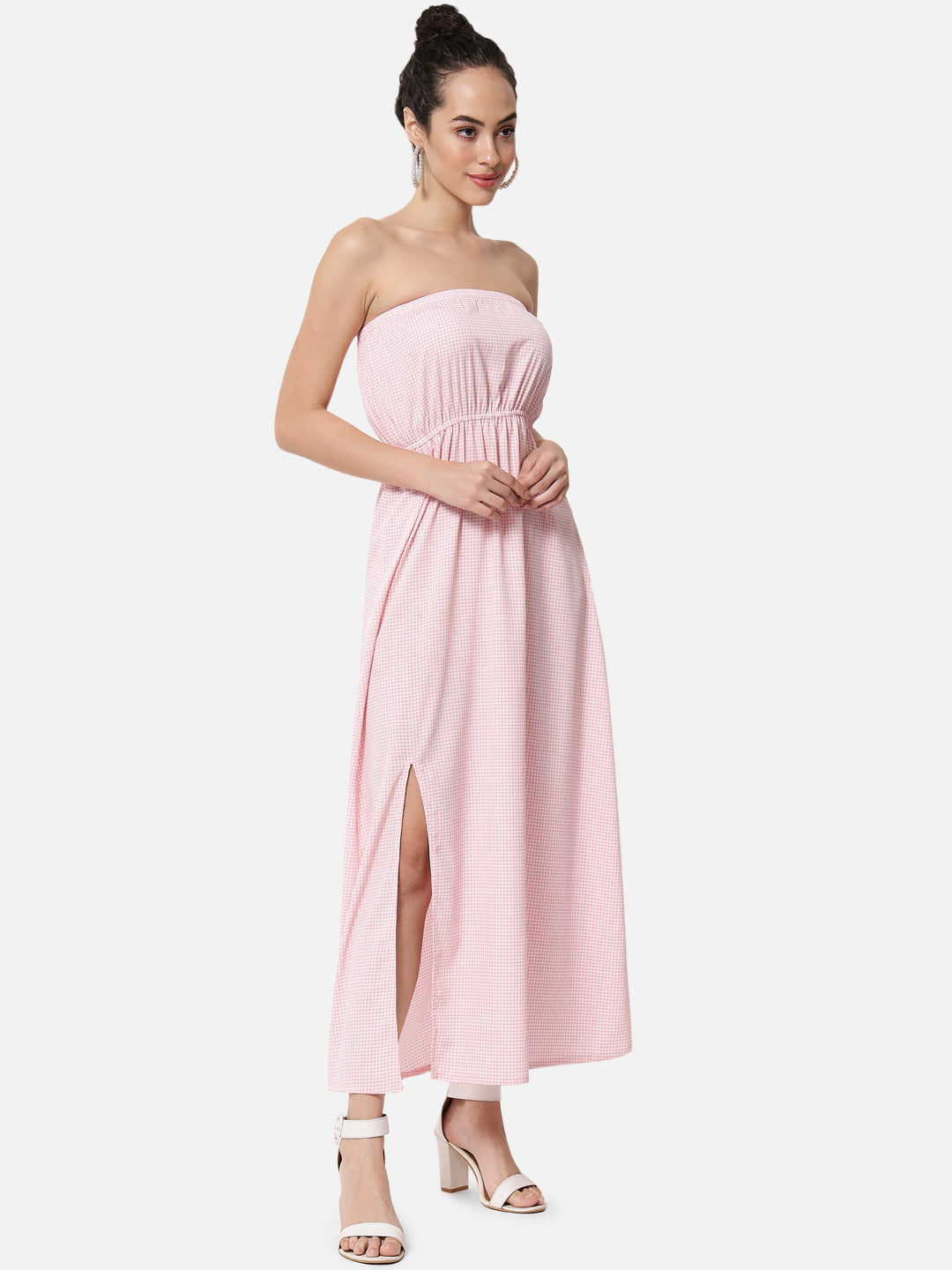Pink Houndstooth Printed Sleeveless Tube Dress for Women