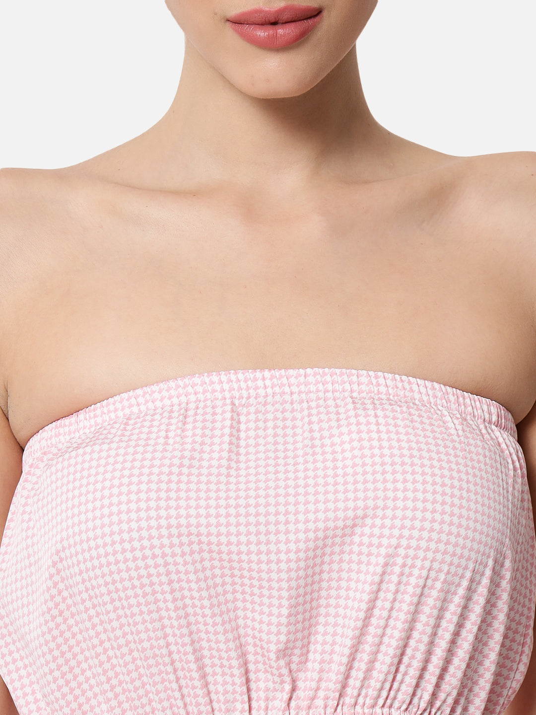 Pink Houndstooth Printed Sleeveless Tube Dress for Women